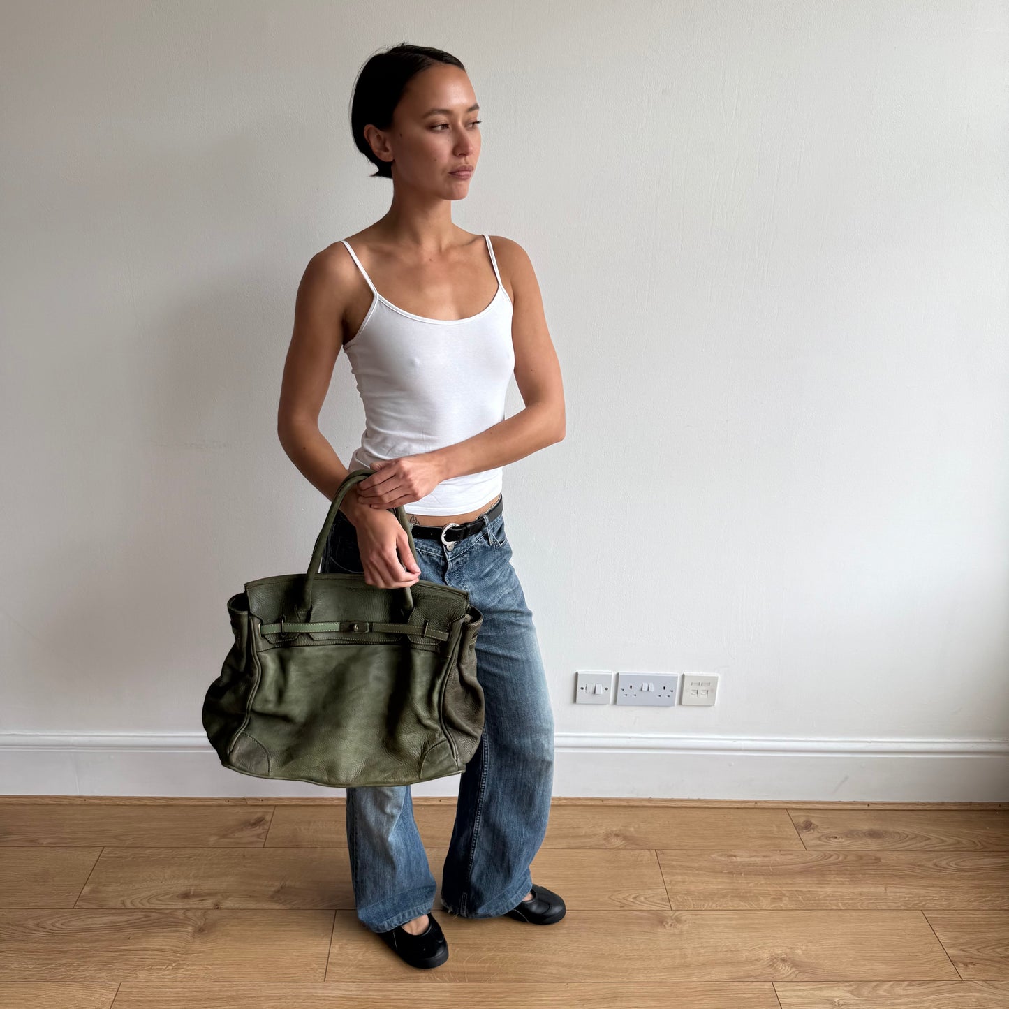 Moss green leather ‘firkin’ bag - One Size