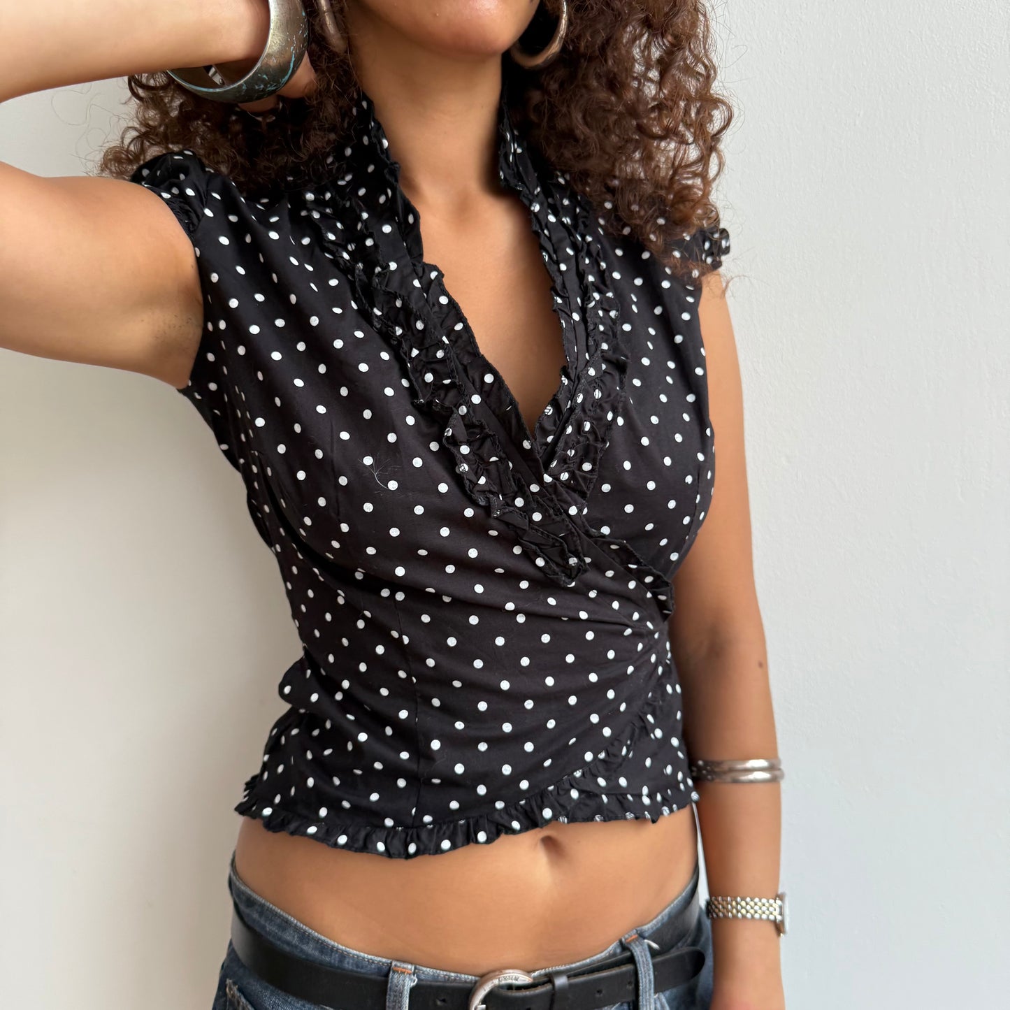 Black polka dot wrap top - Size S