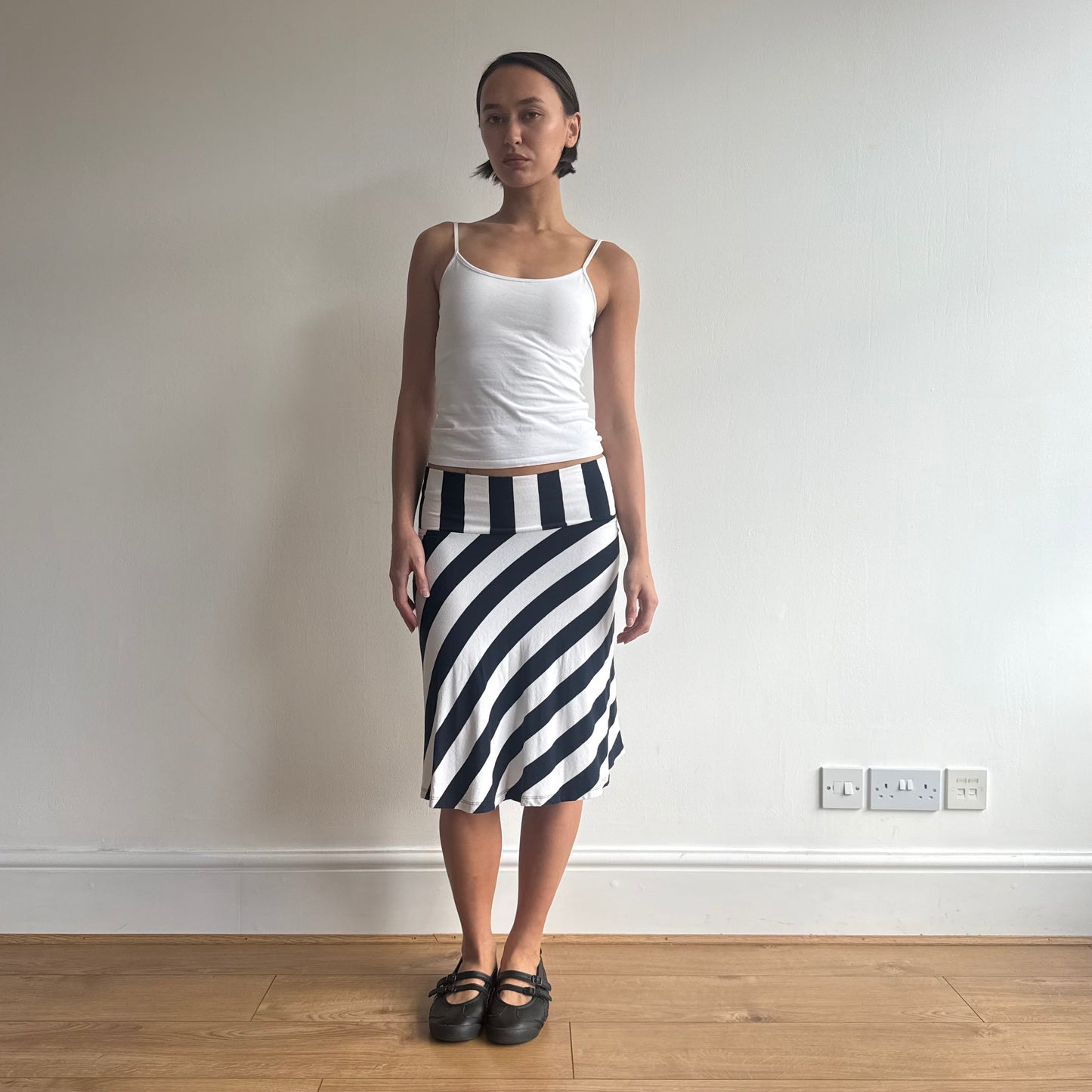 Navy + white striped midi skirt - Size S