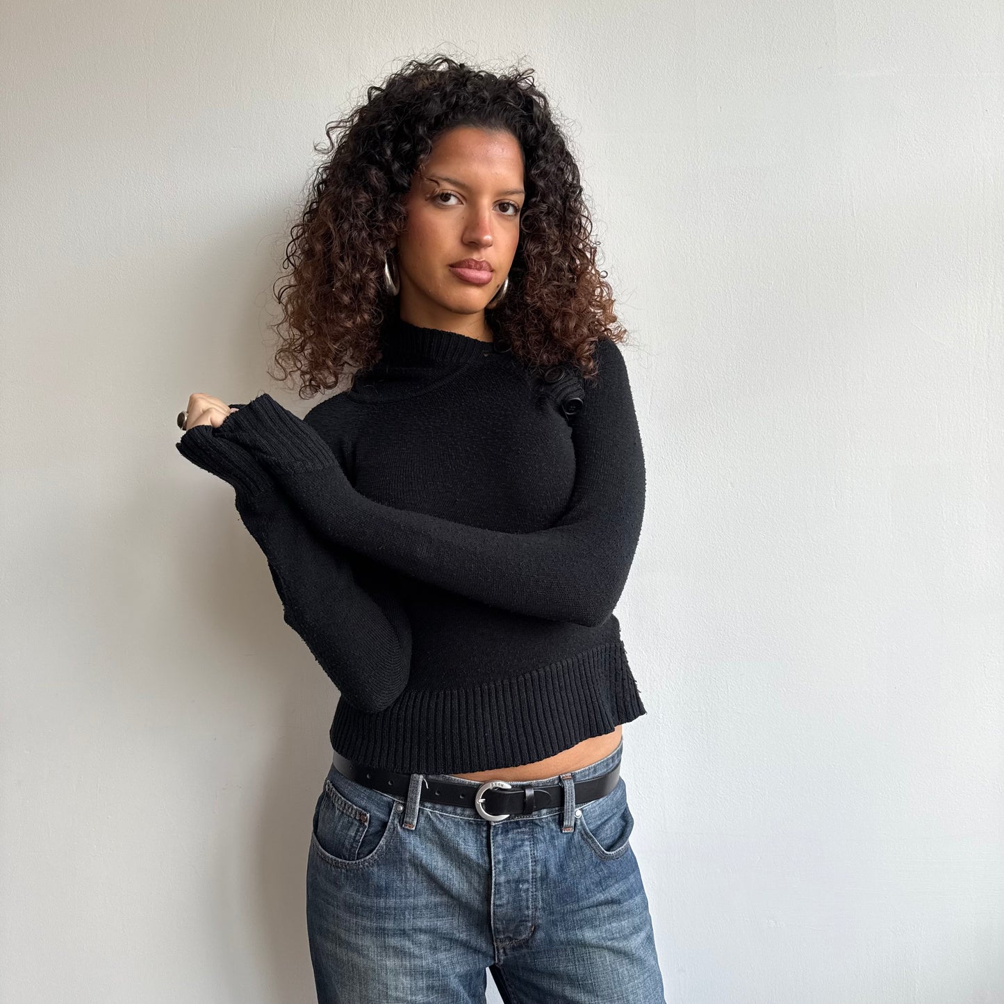 Black button knit hoodie - Size S