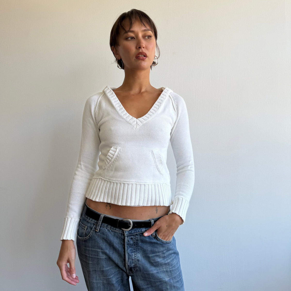 White hooded knit jumper - Size XS