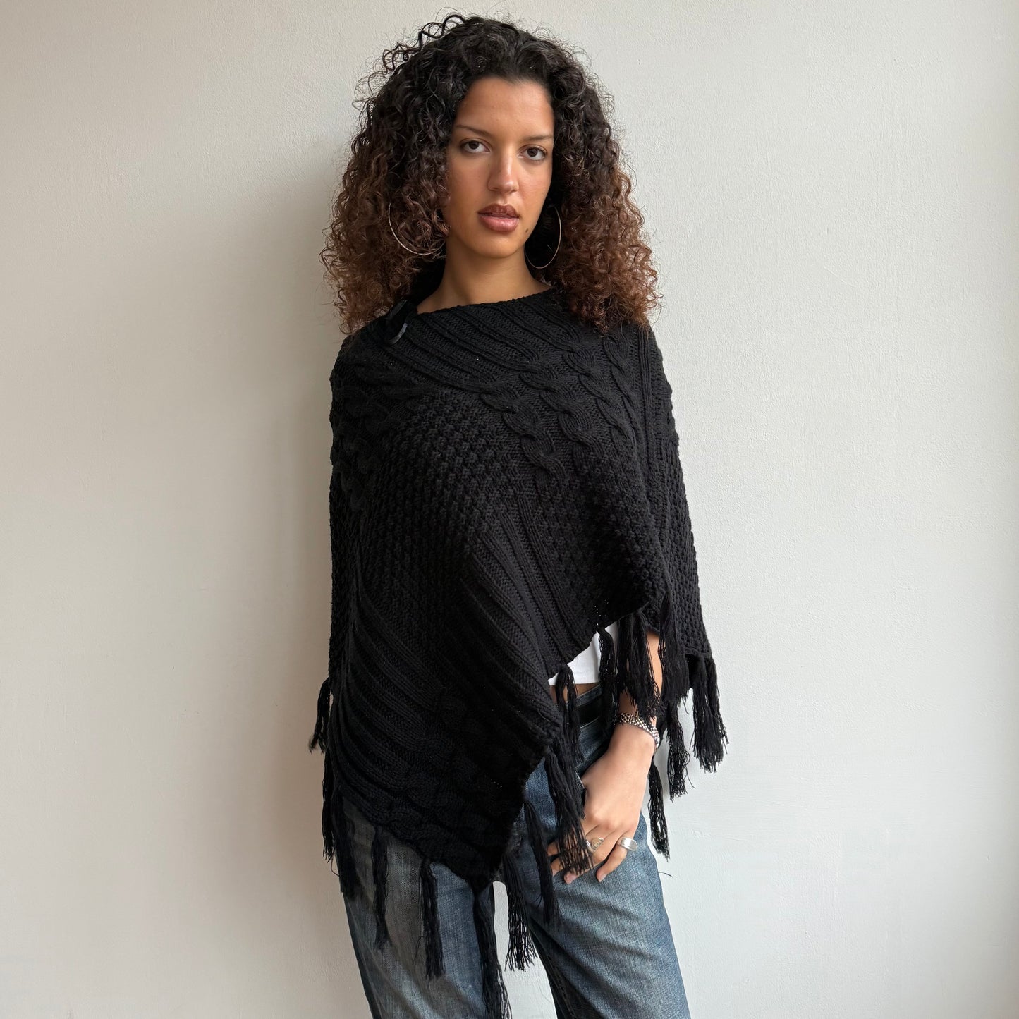 Black chunky knit tassel poncho - One Size