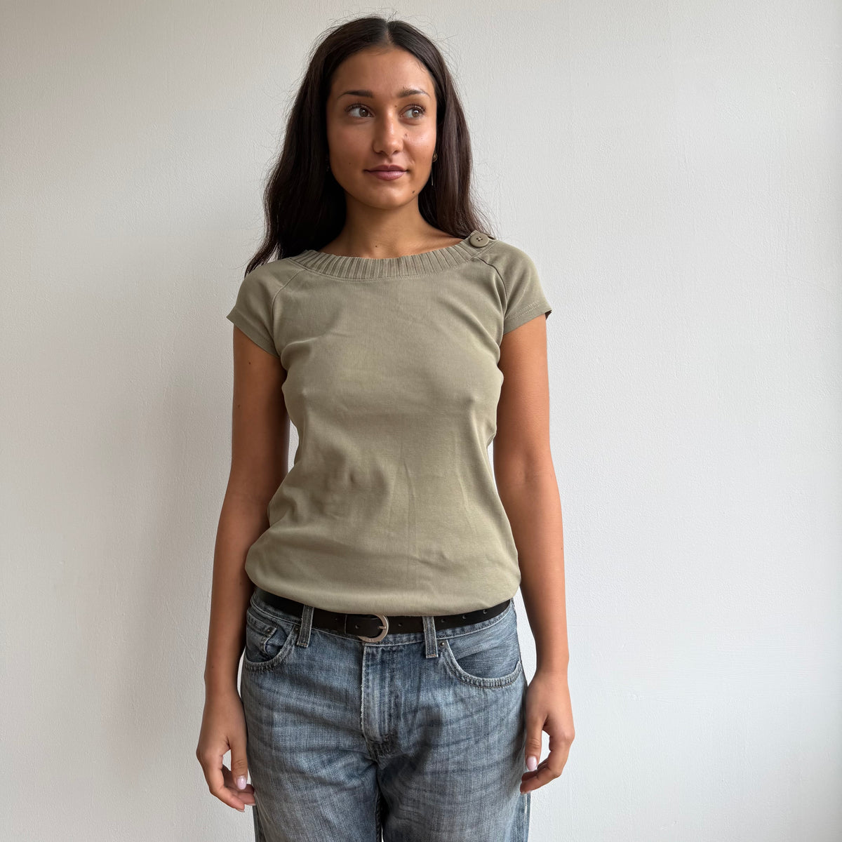 Khaki short sleeve button top - Size M