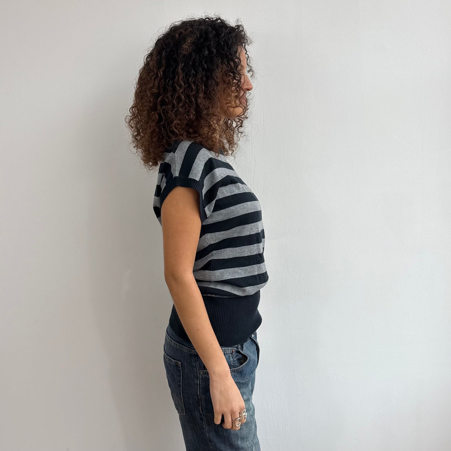Black + grey stripe short sleeve knit - Size M