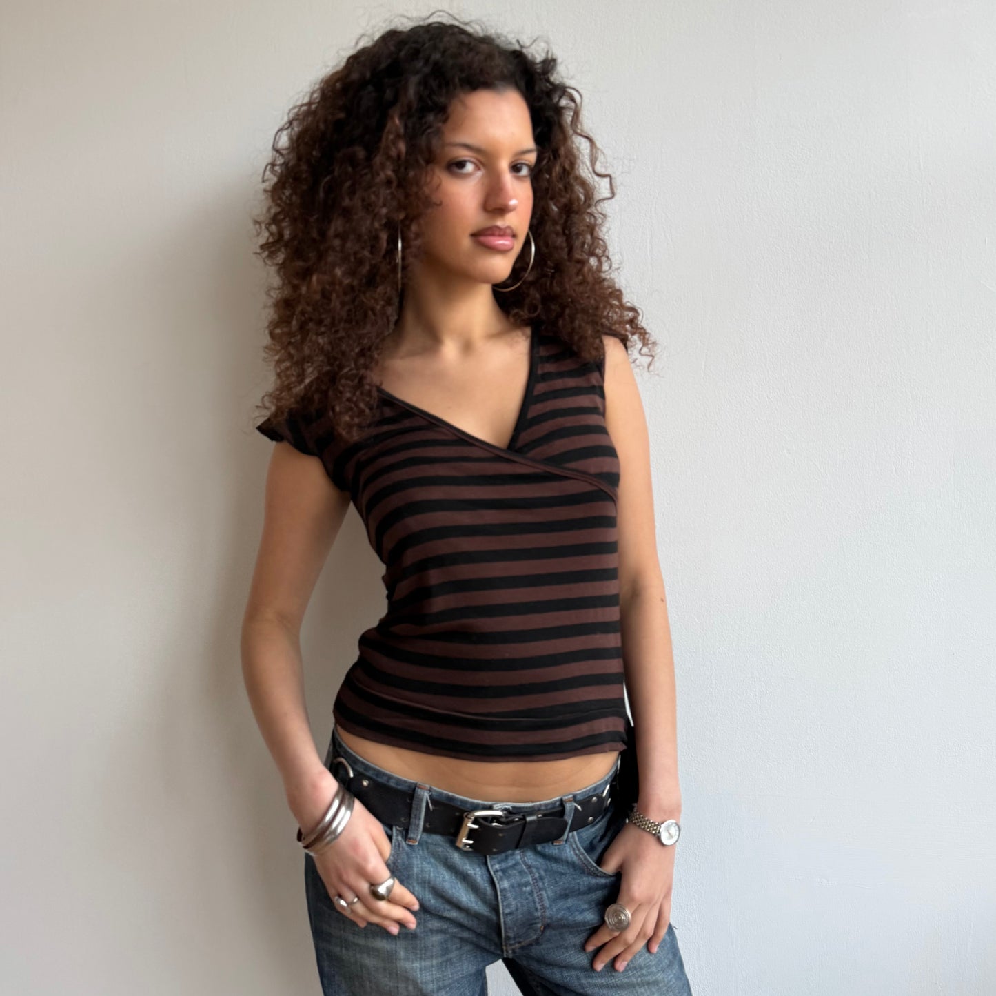 Brown striped ballet wrap top - Size M