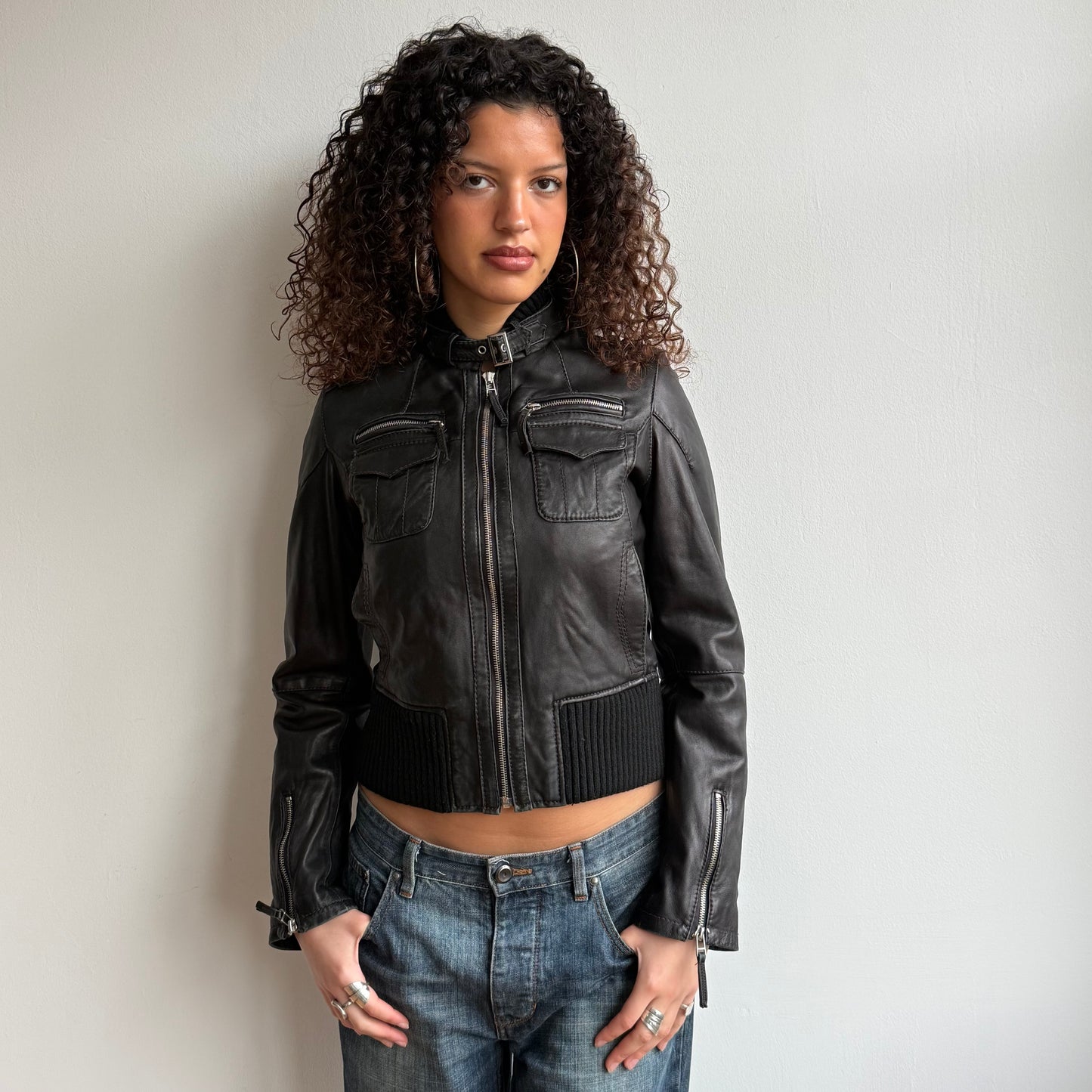 Black buckle neck leather jacket - Size S + S/M