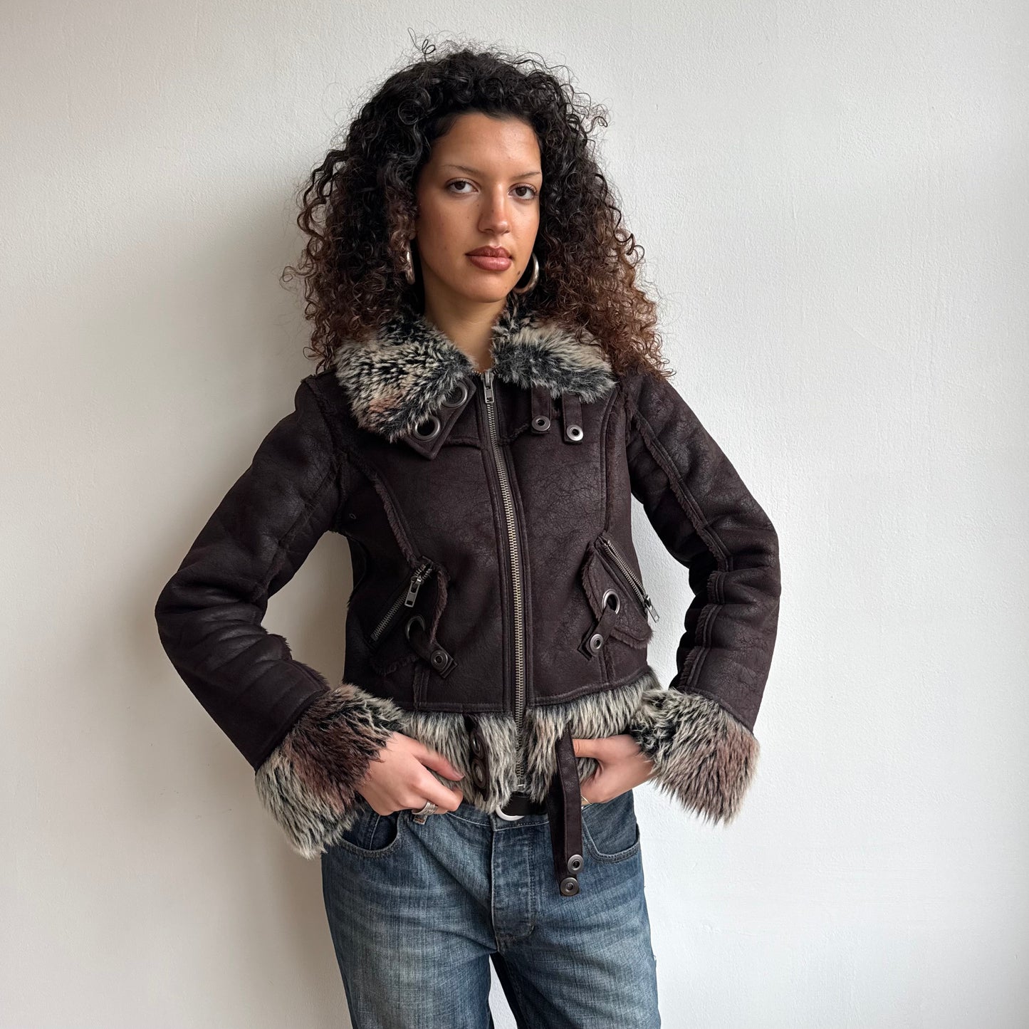 Brown faux fur cargo bomber - Size M