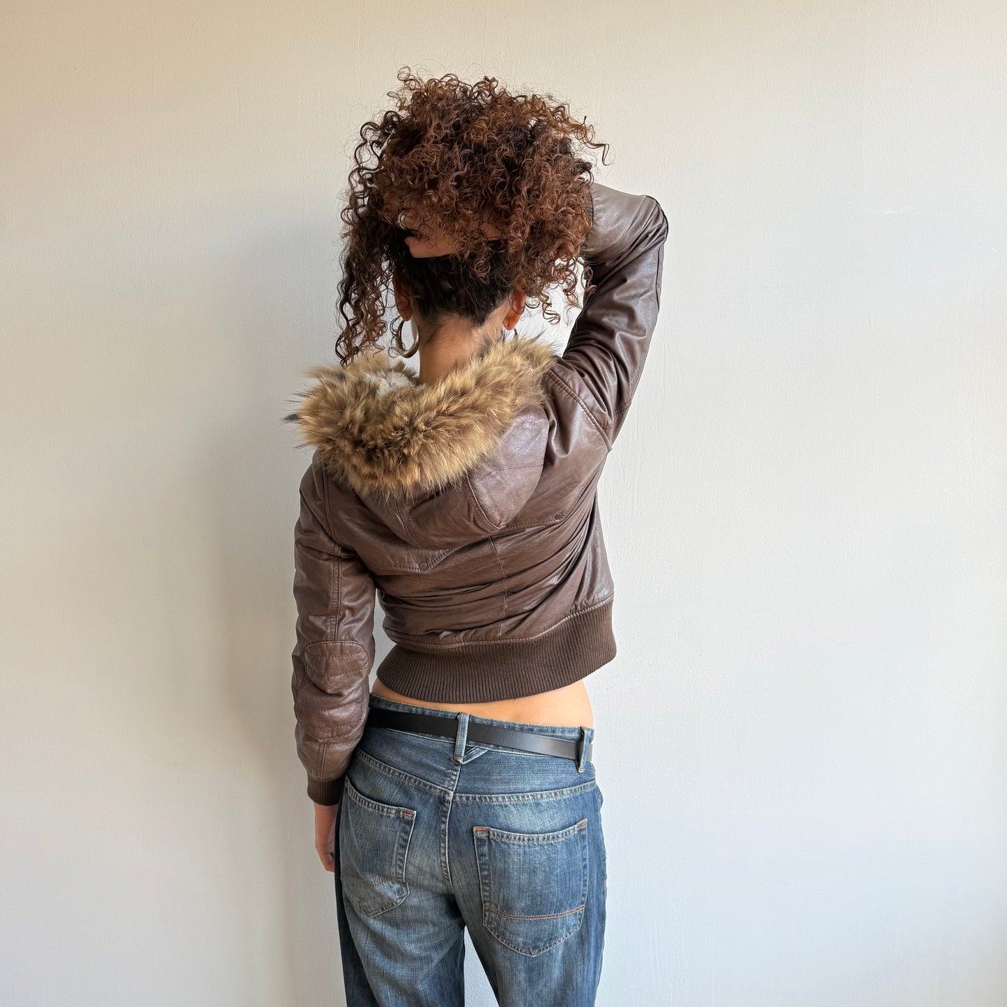Brown leather fur hood bomber - Size M