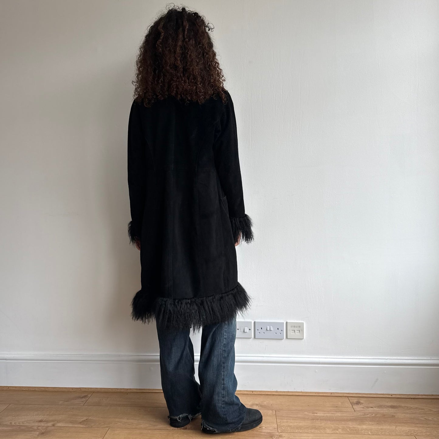 Black fur trim afghan coat - Size S/M