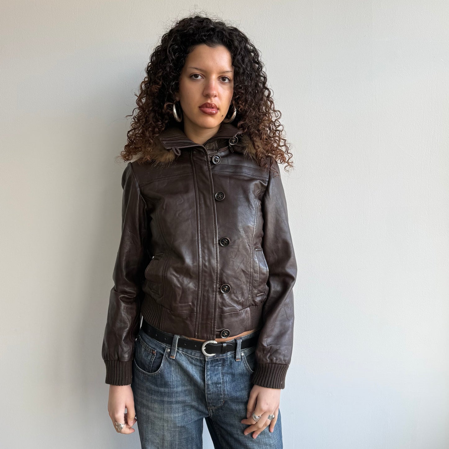 Chestnut brown leather fur hood bomber - Size S/M