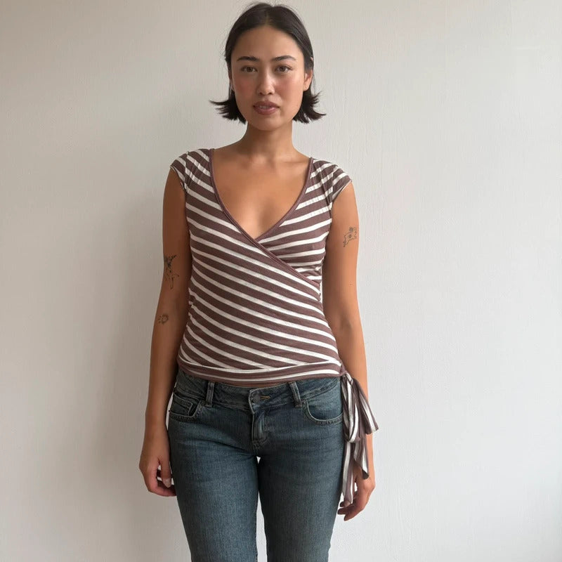 Brown and white striped ballet tie side top - Size S
