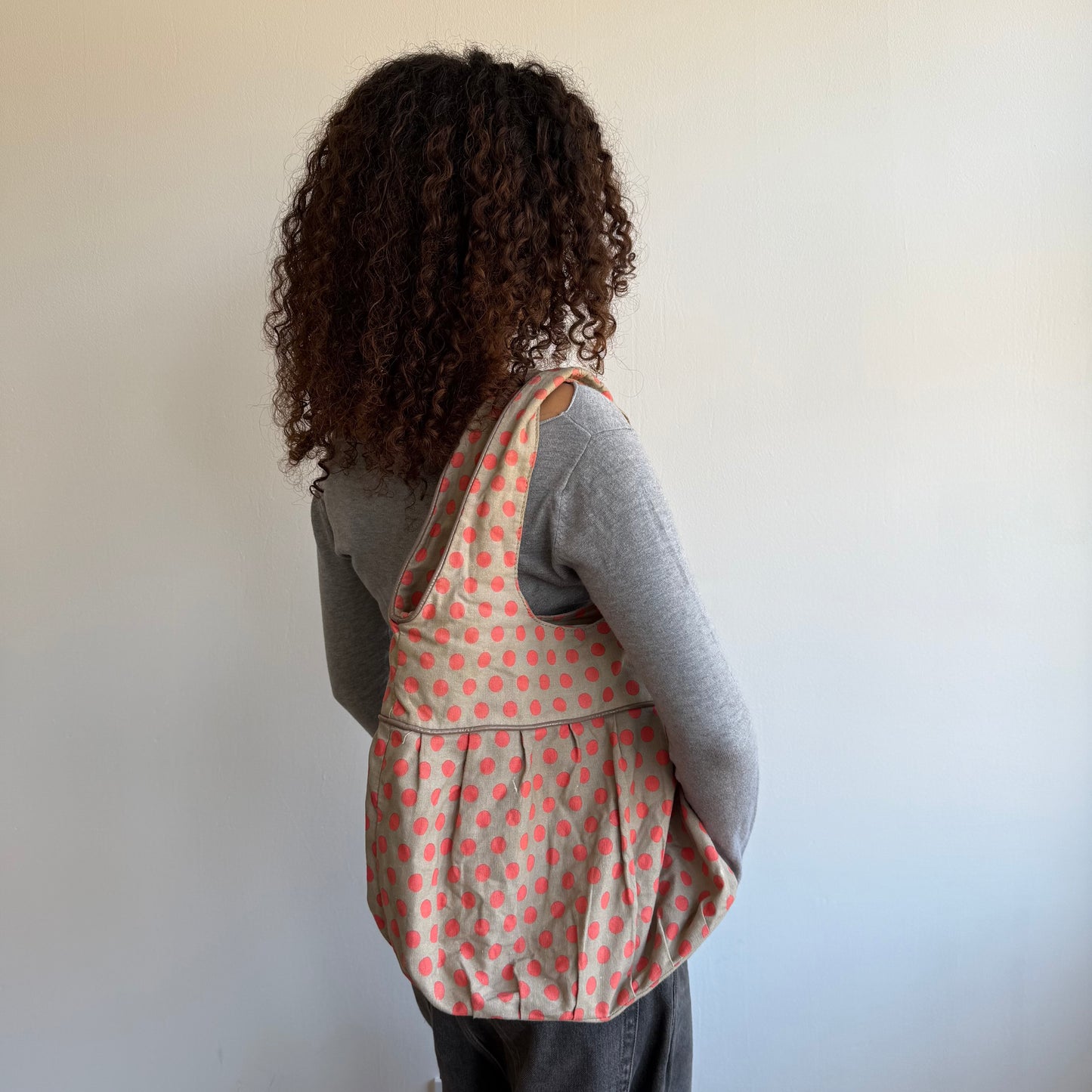 Khaki + orange polka dot bag