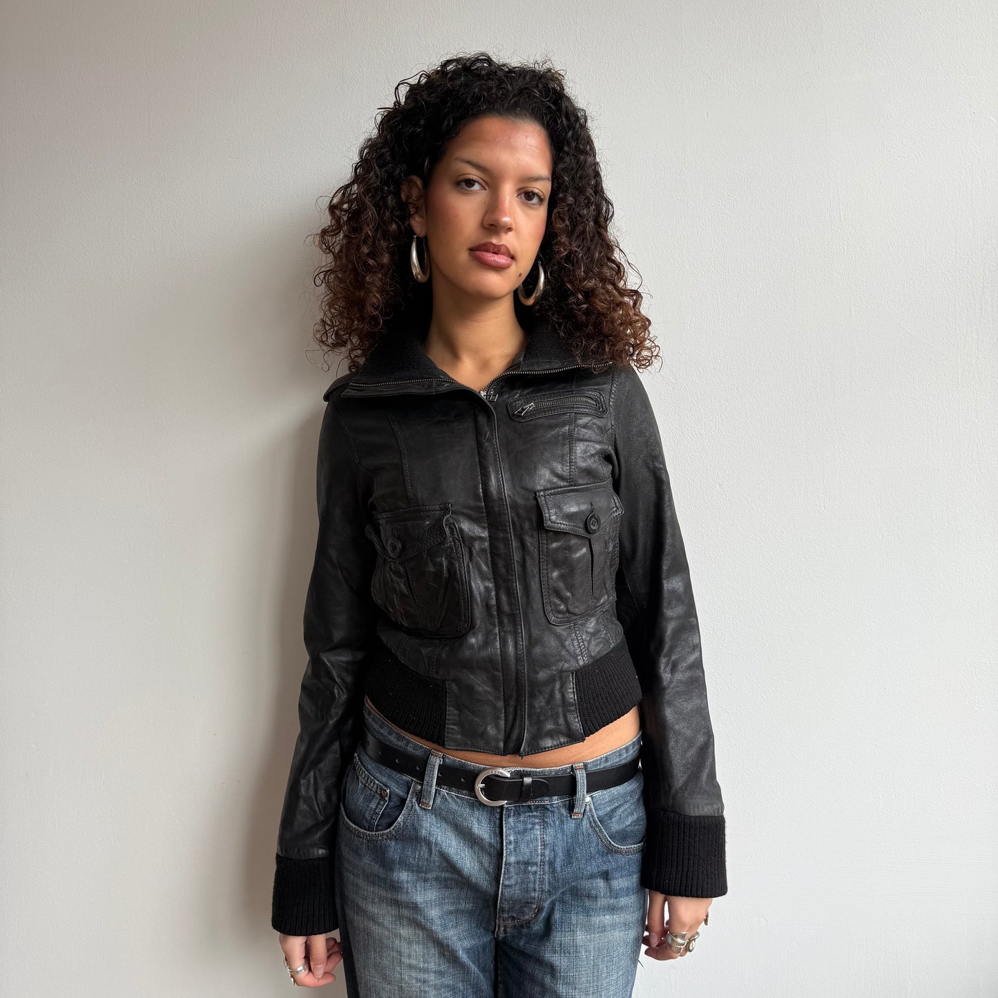 Black leather cargo jacket - Size S/M