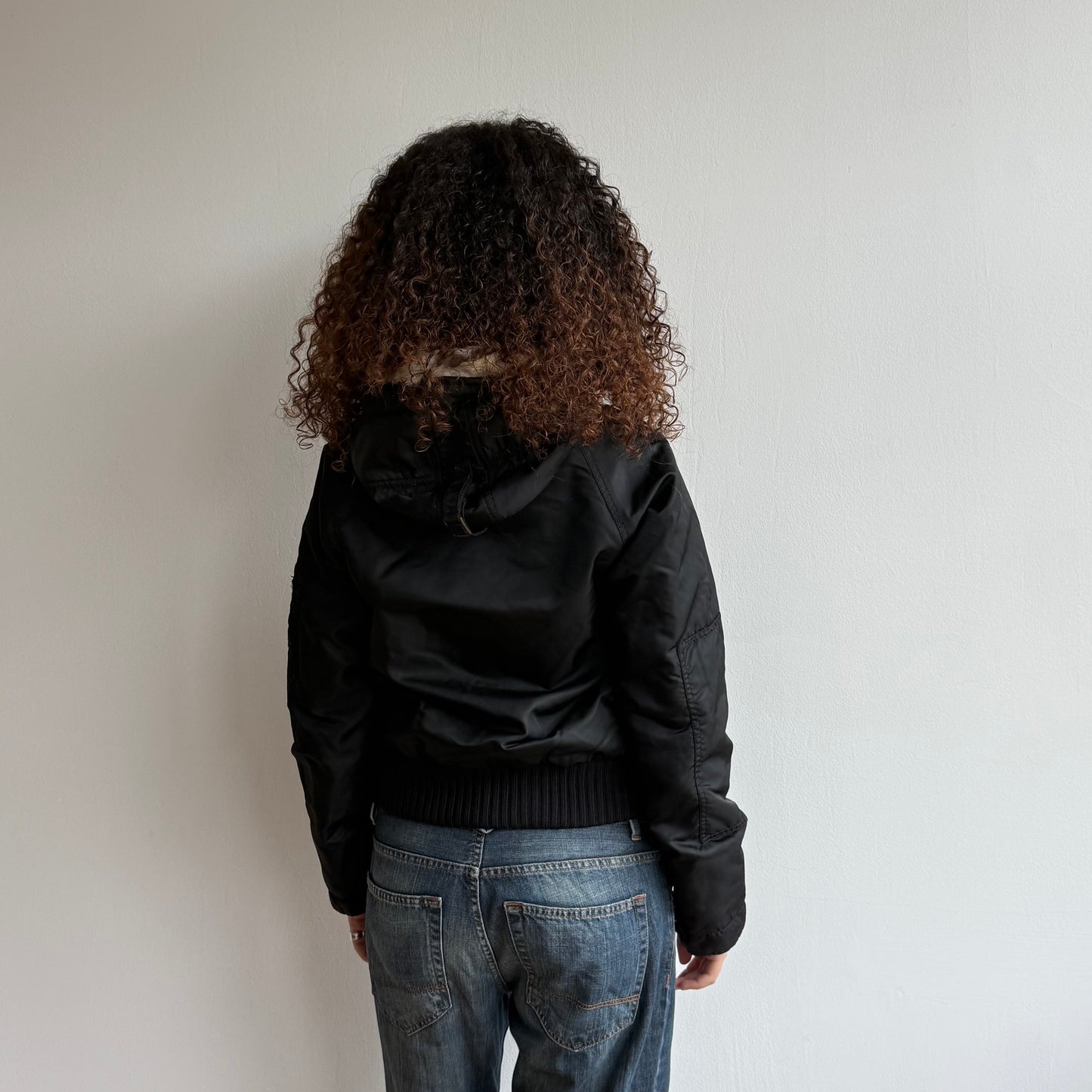 Black real fur hood bomber - Size S