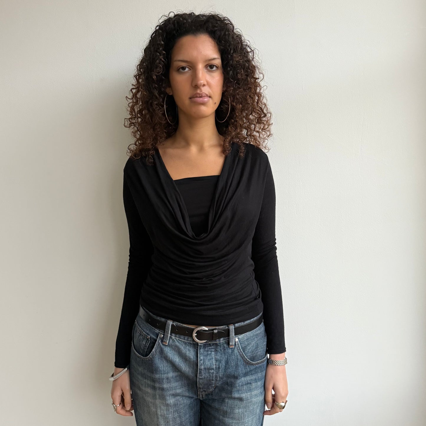 Black long sleeve slouchy cowl top - Size M