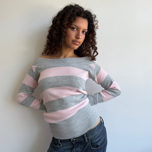 Pink + grey striped bardot knit - Size S/M