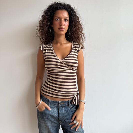 Beige + brown stripe top - Size S