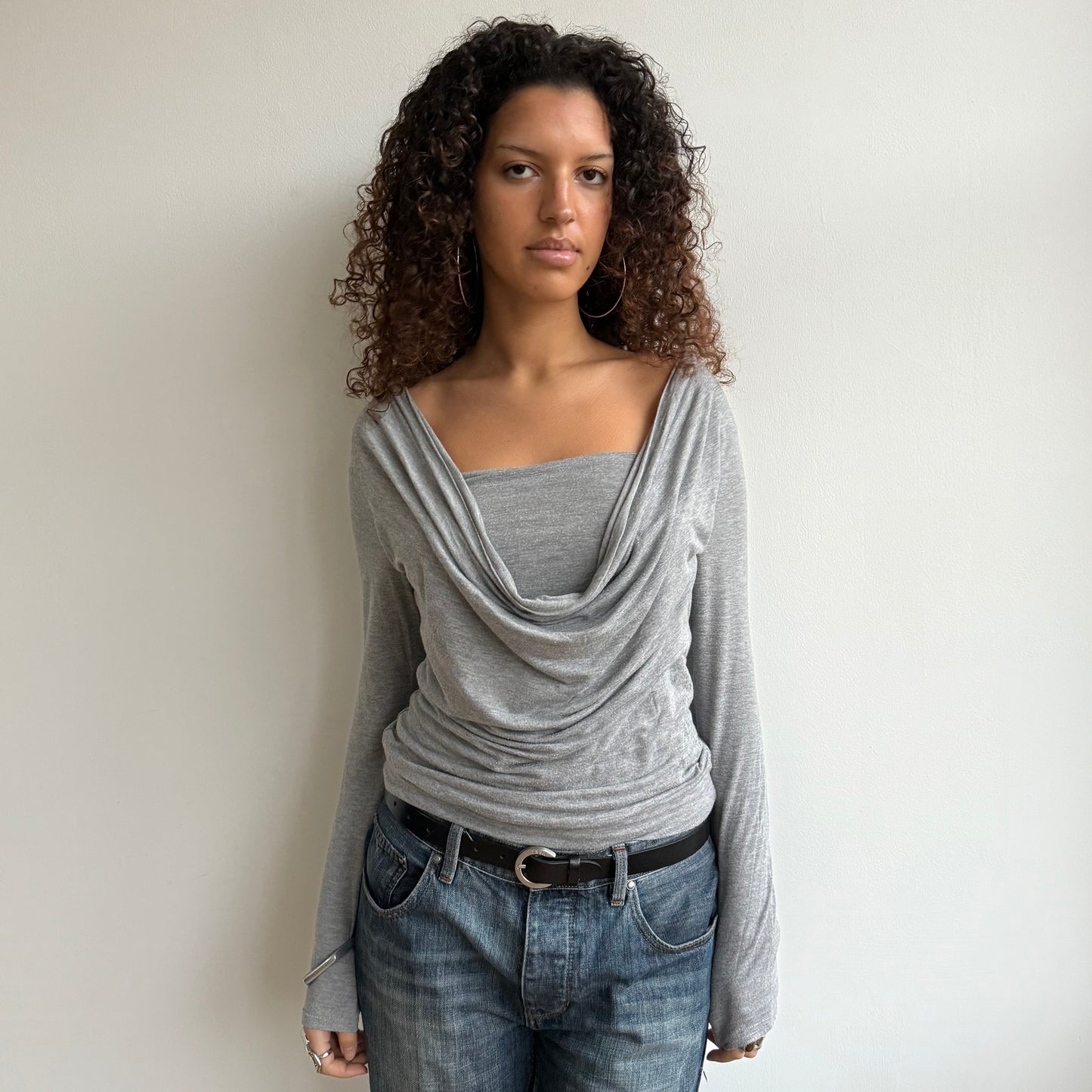 Grey long sleeve slouchy cowl top - Size M