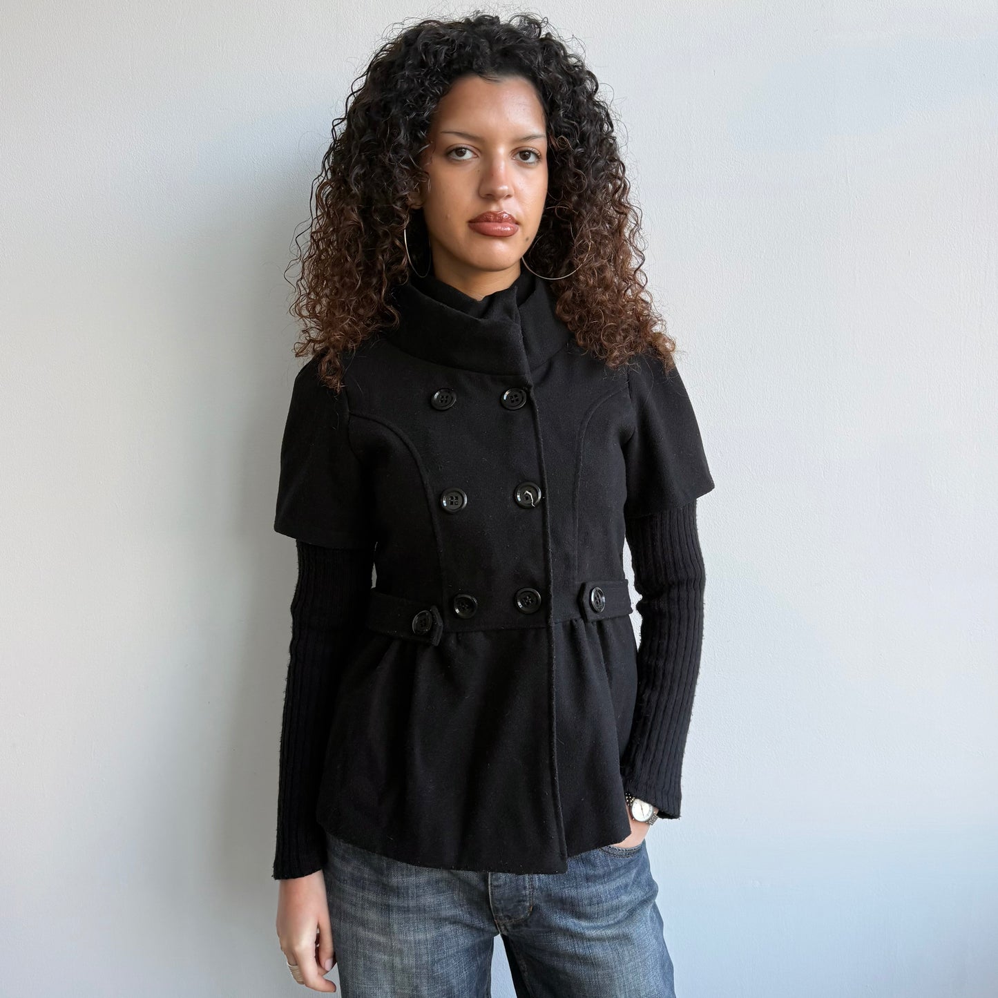 Black bi-material peacoat - Size M