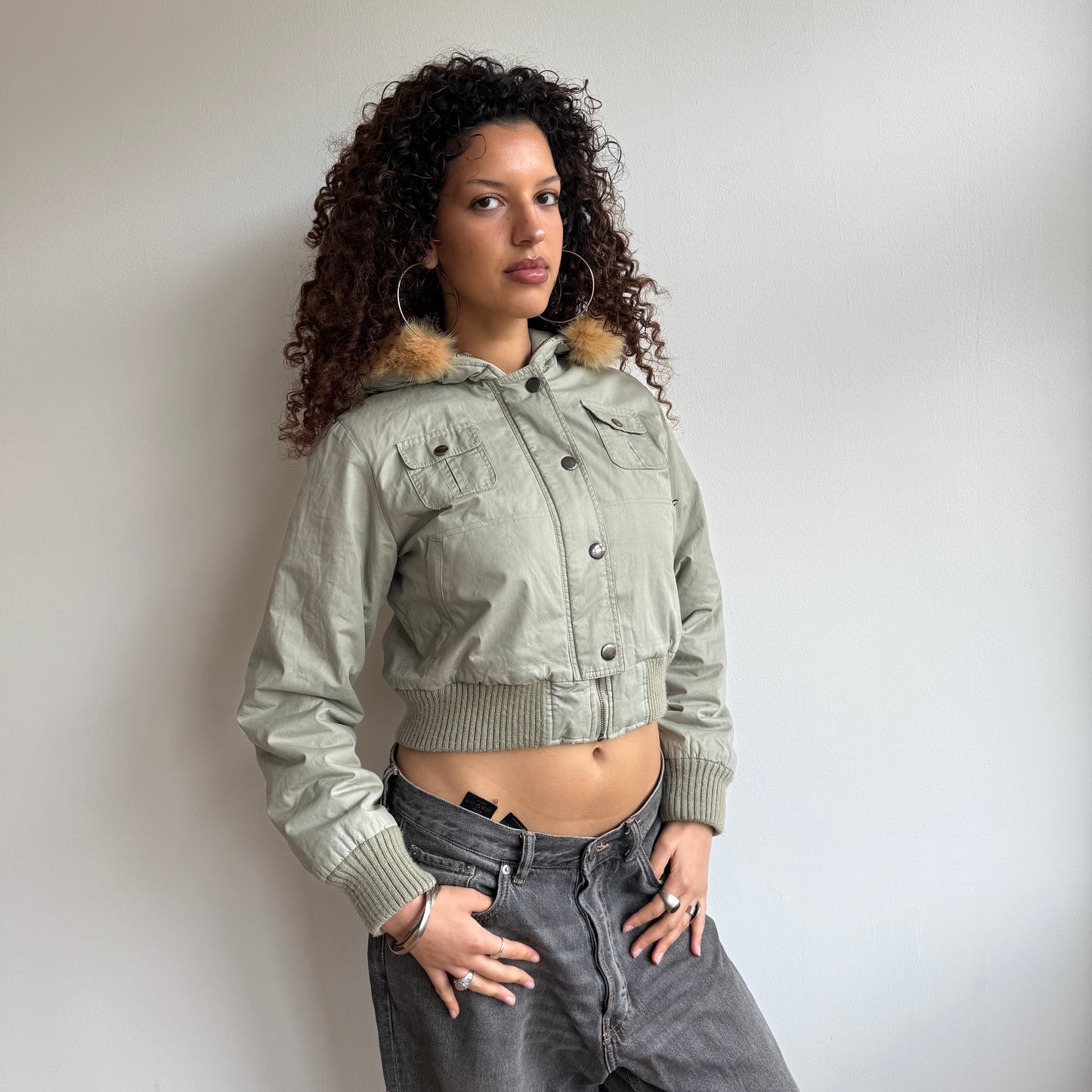 Khaki puffer fur hood - Size S