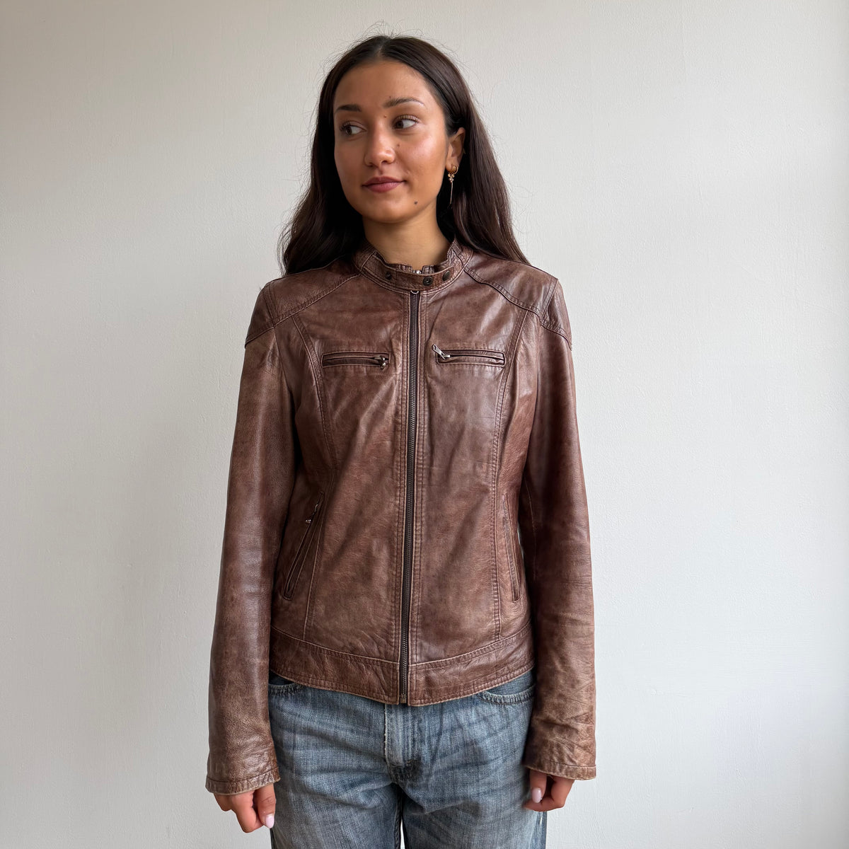 Brown leather motocross jacket - Size M