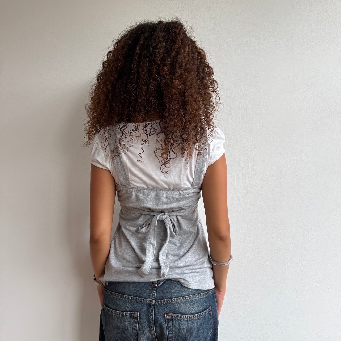 Grey + white dungaree top - Size M