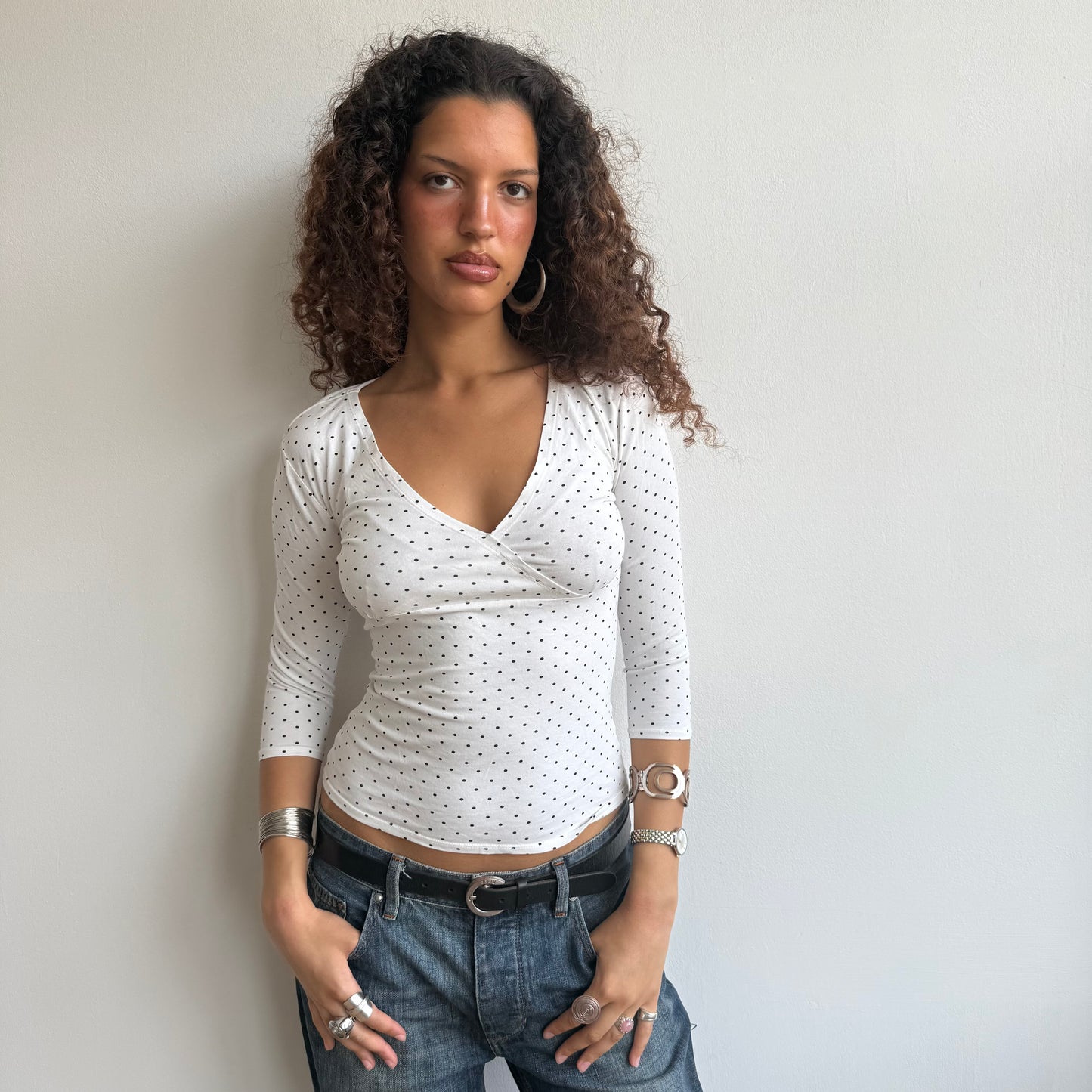 White micro polka dot wrap top - Size S