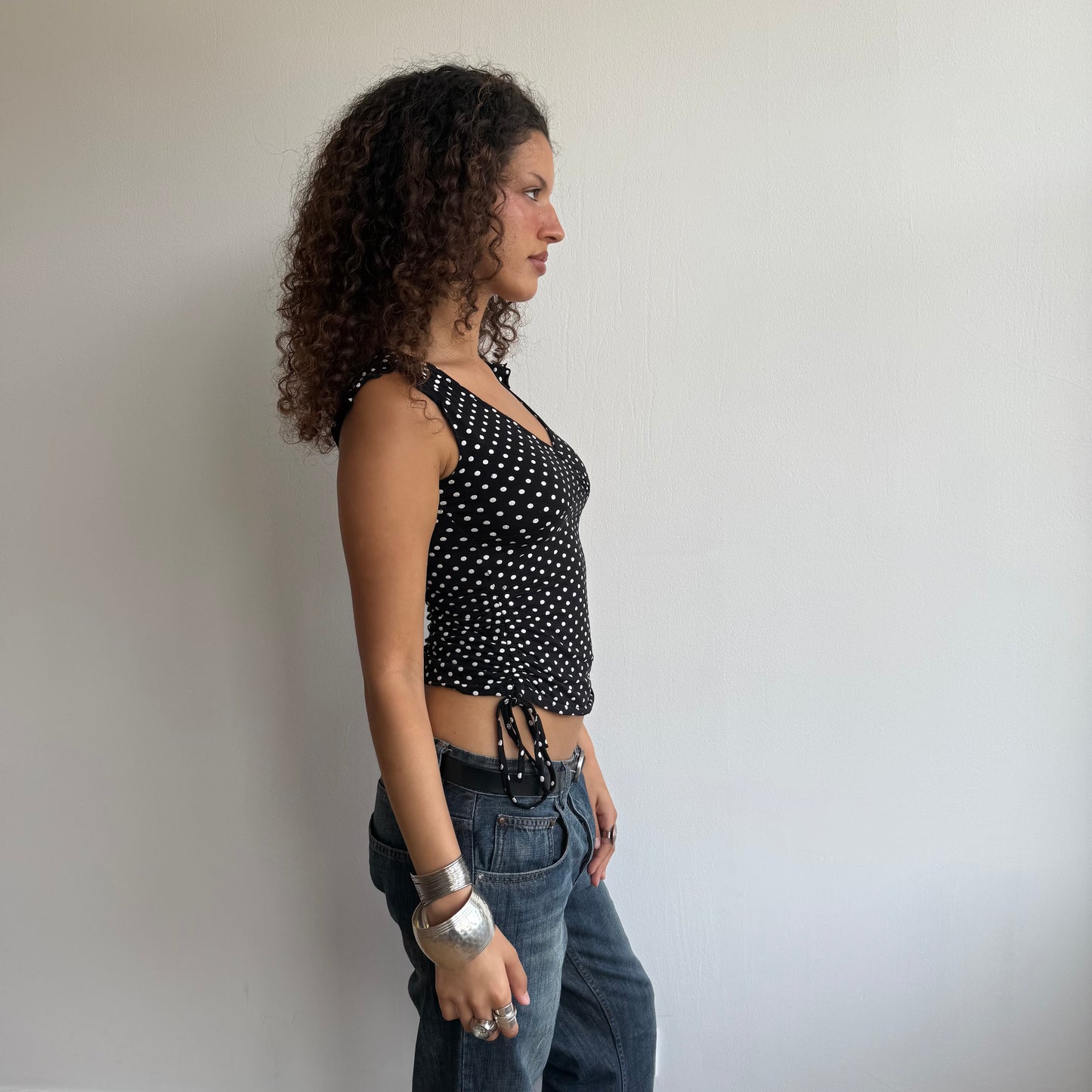 Polka dot ruched tie side t-shirt - Size S