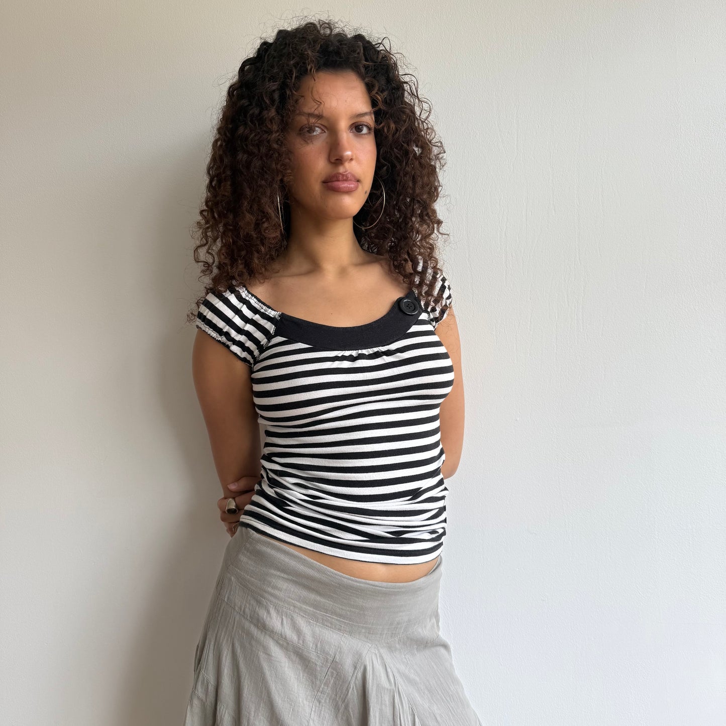 Black+ white striped button top - Size S