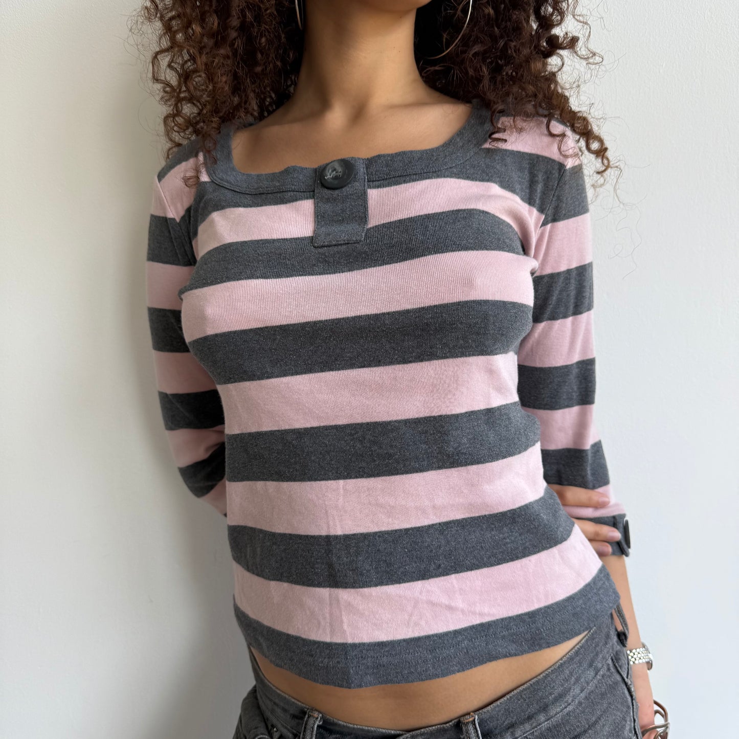Grey + pink striped top - Size M