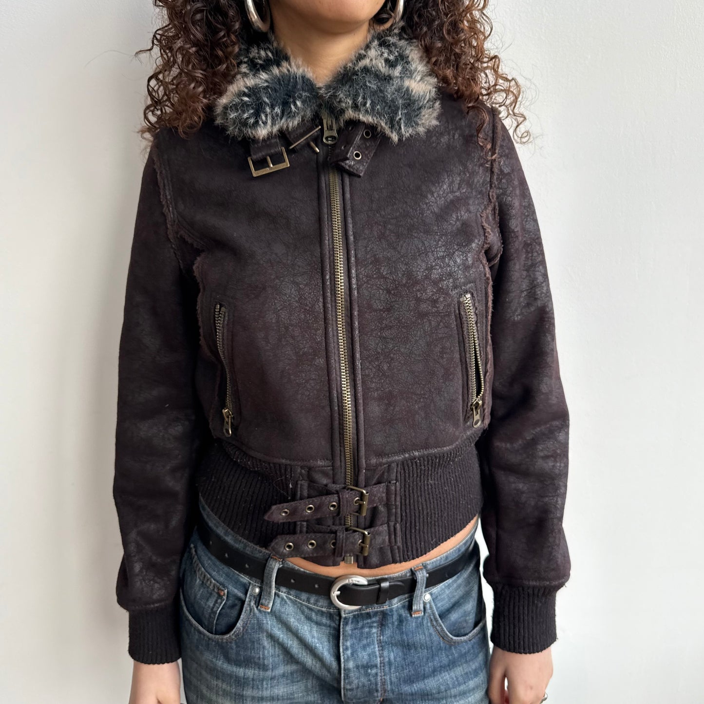 Brown buckle faux fur bomber - Size S