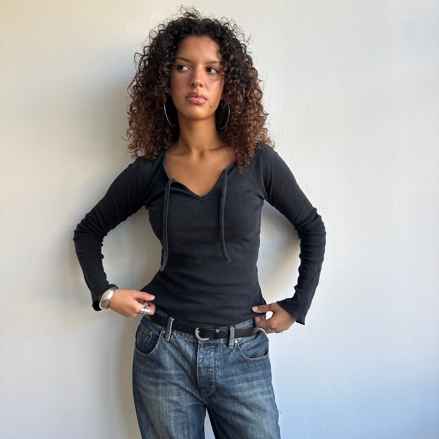 Black neck tie long sleeve top - Size S/M