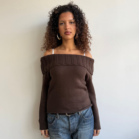 Brown knit Bardot jumper - Size M