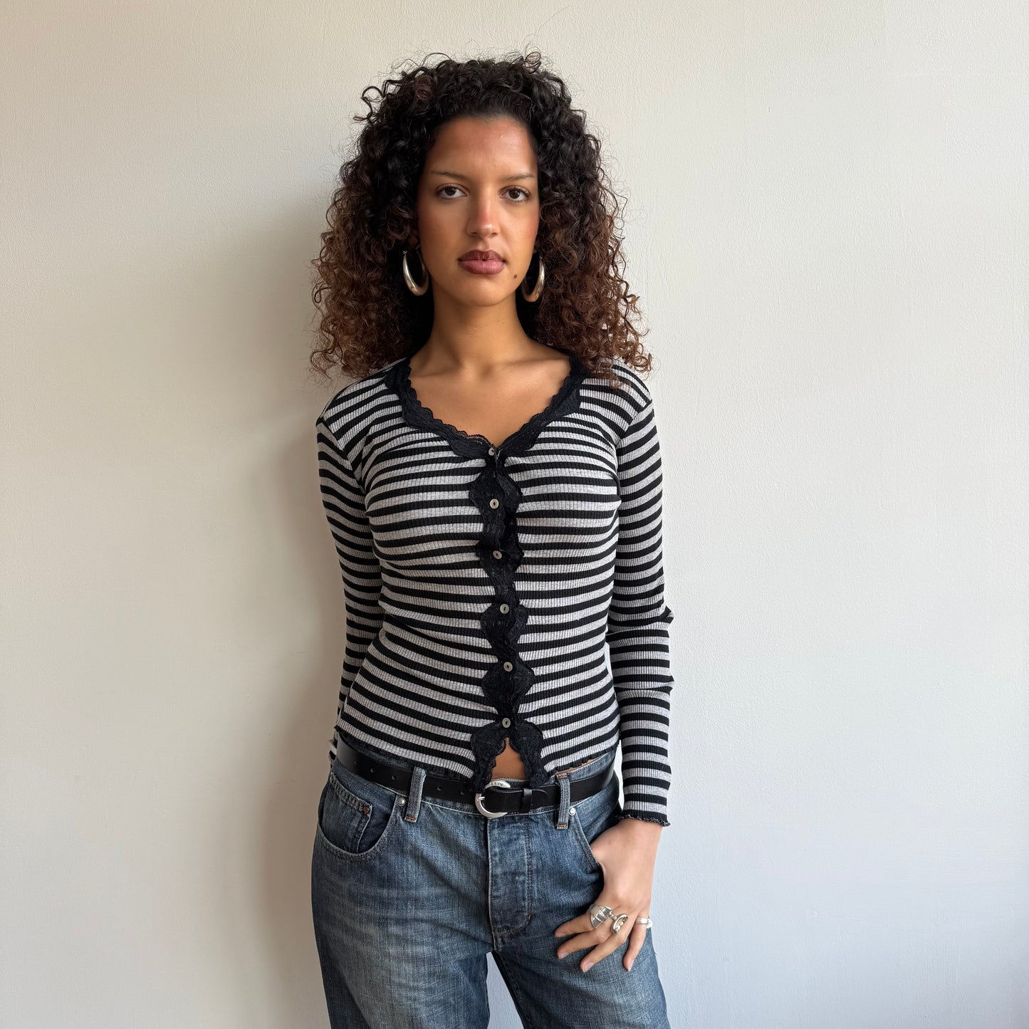 Black + grey striped cardi - Size S