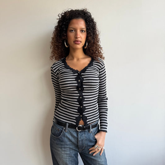 Black + grey striped cardi - Size S