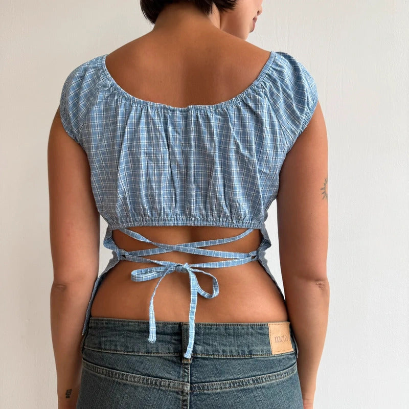 Blue check backless milkmaid top - Size S-M