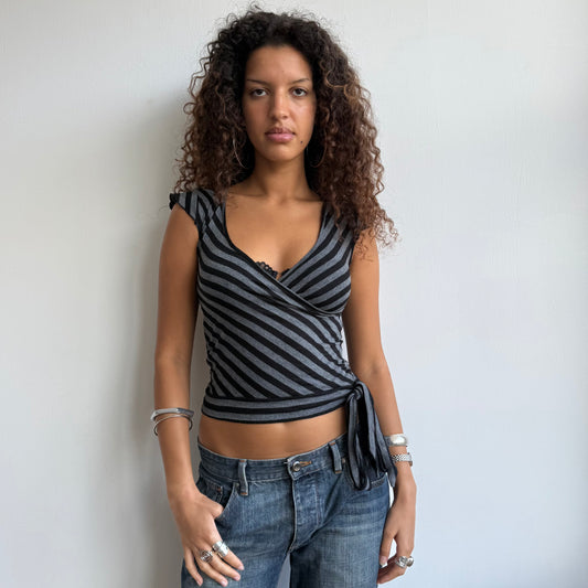 Black + grey stripe wrap top - Size S
