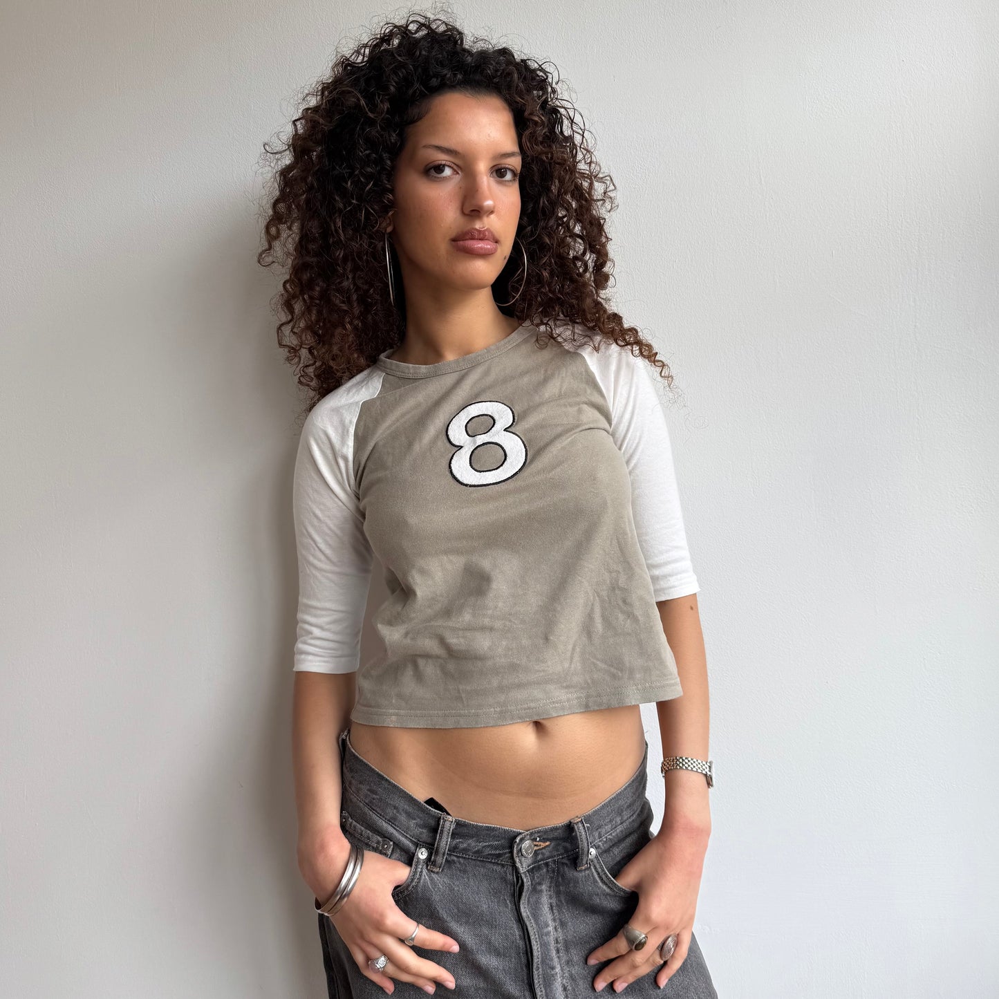 Khaki ‘8’ 3/4 sleeve top - Size S