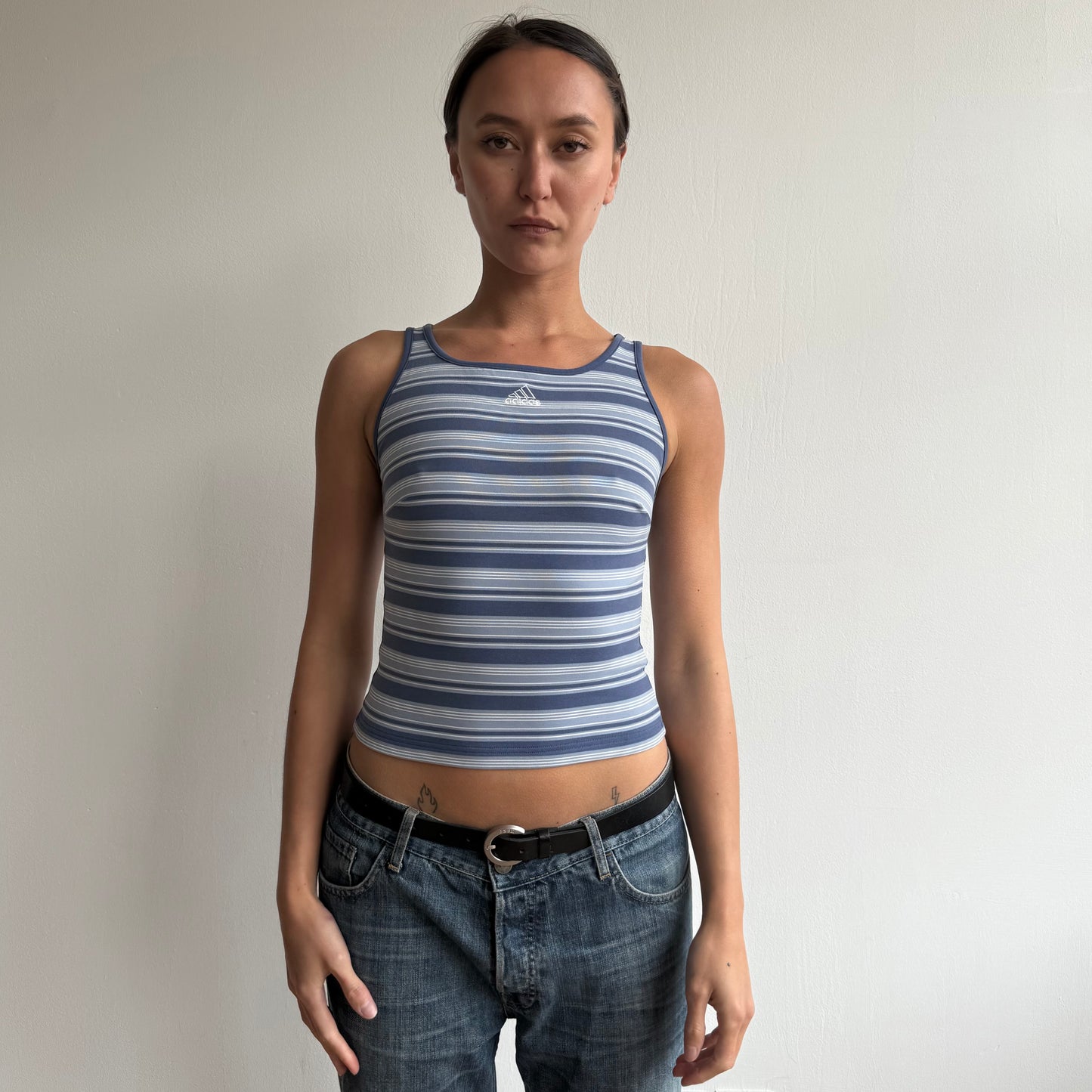 Blue striped Adidas top - Size S
