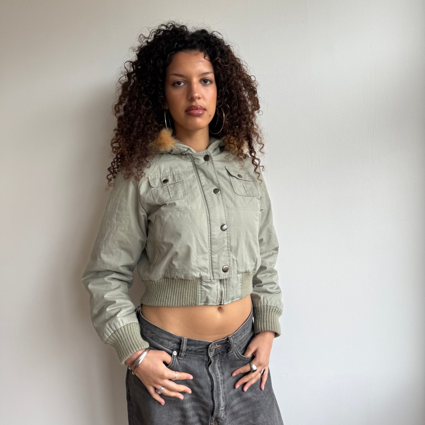 Khaki puffer fur hood - Size S