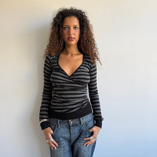 Black + grey striped wrap top - Size M