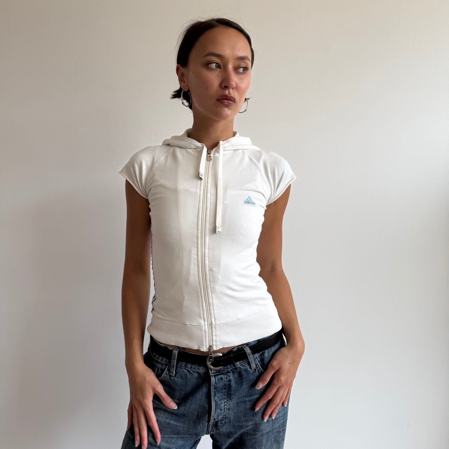 White Adidas zip up short sleeve hoodie - Size S