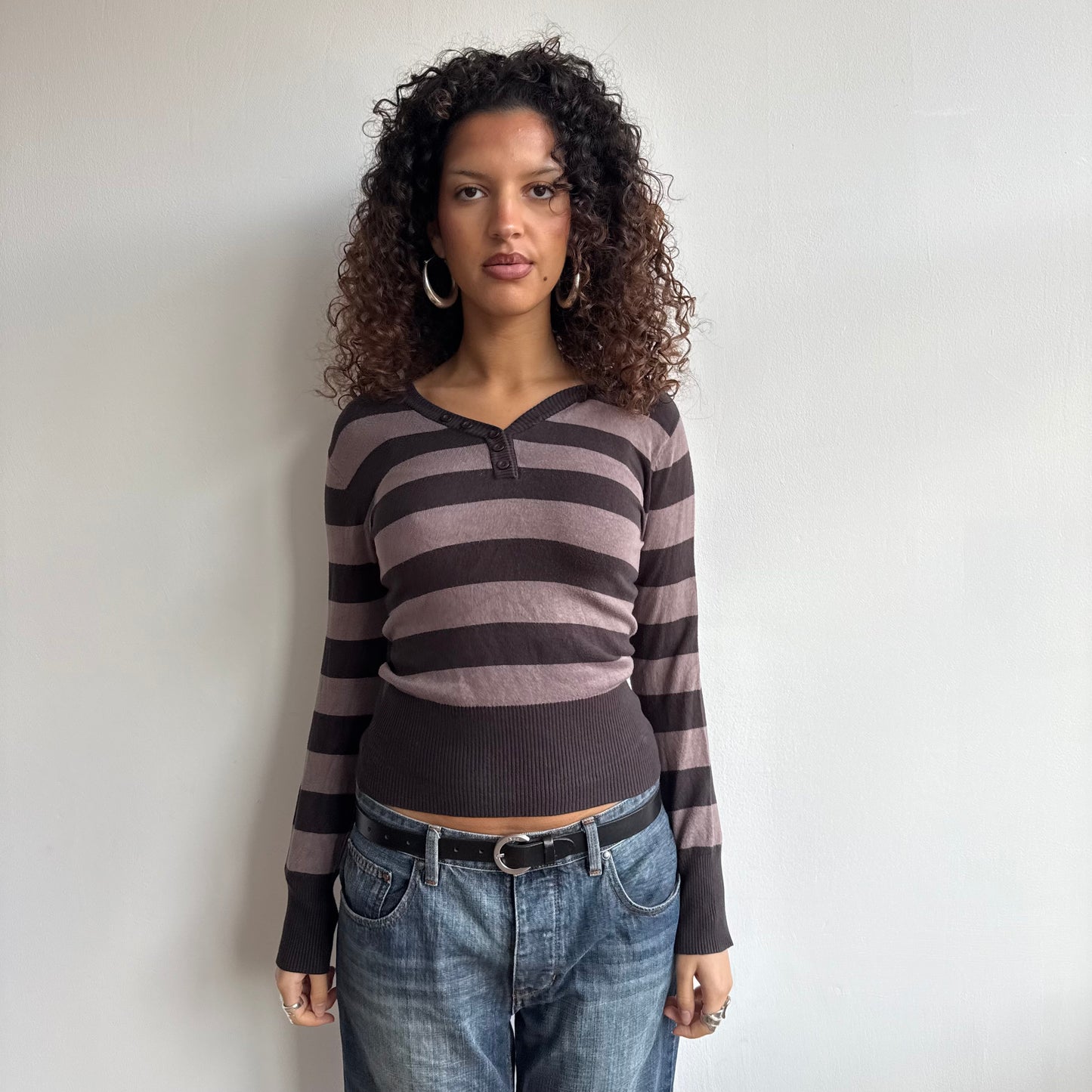 Brown striped knit hoodie - Size M-L