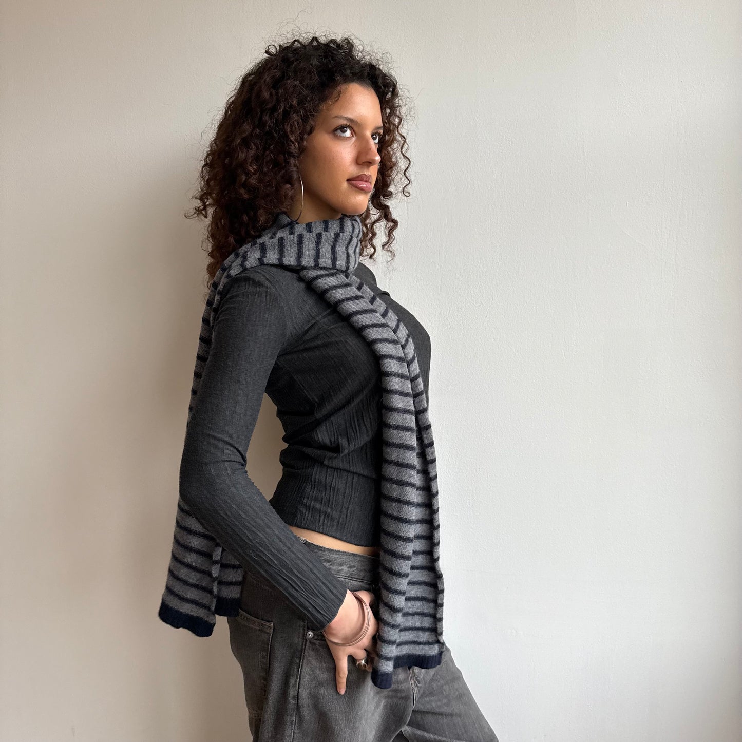 Grey and navy stripe scarf