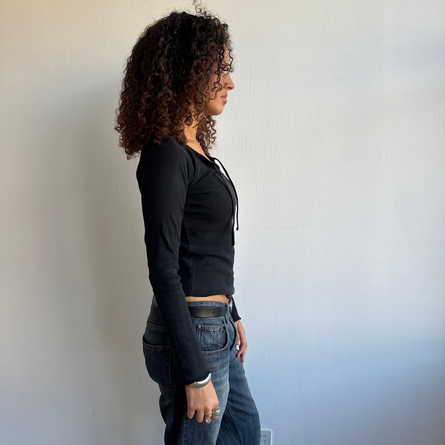 Black neck tie long sleeve top - Size S/M