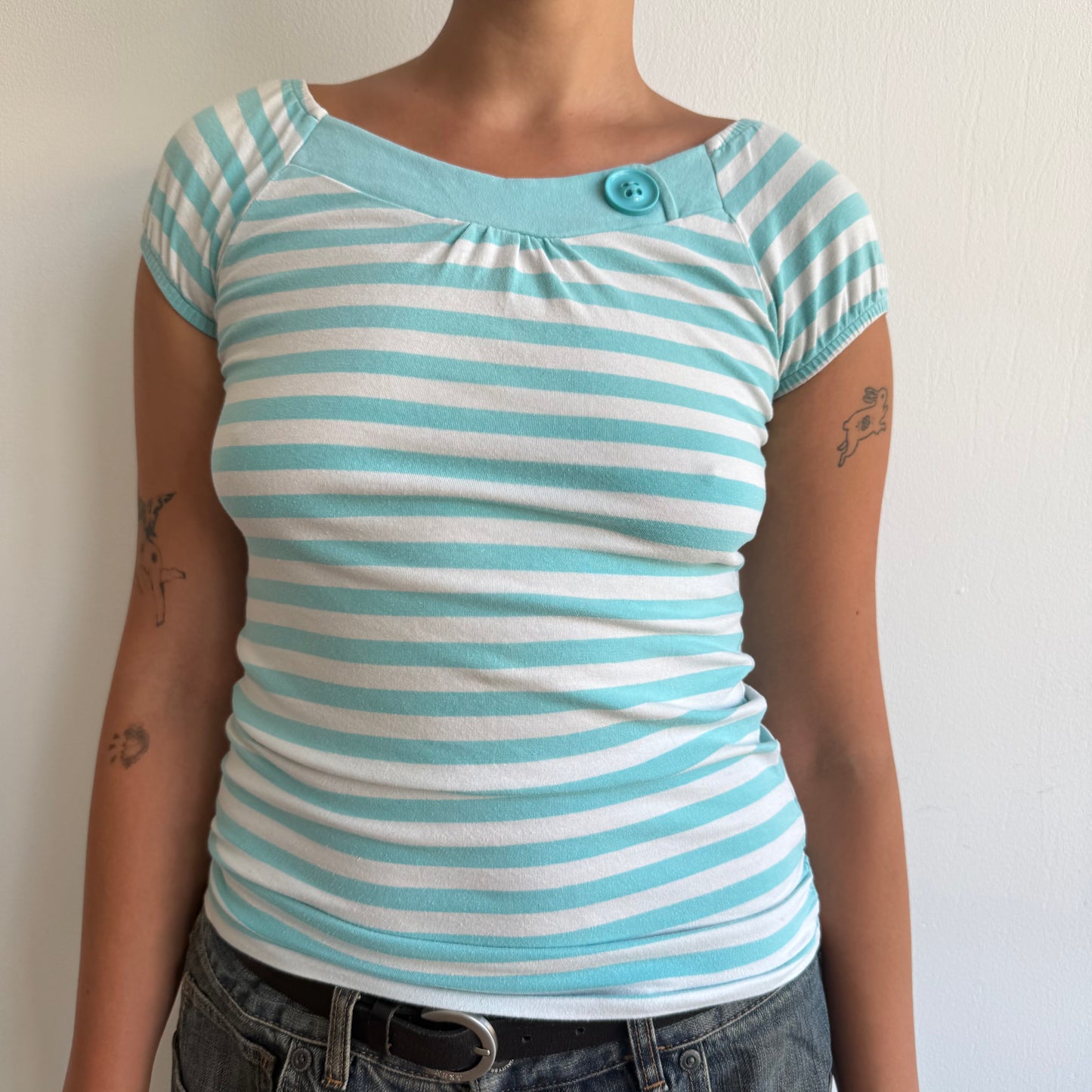 Turquoise striped button top - Size M
