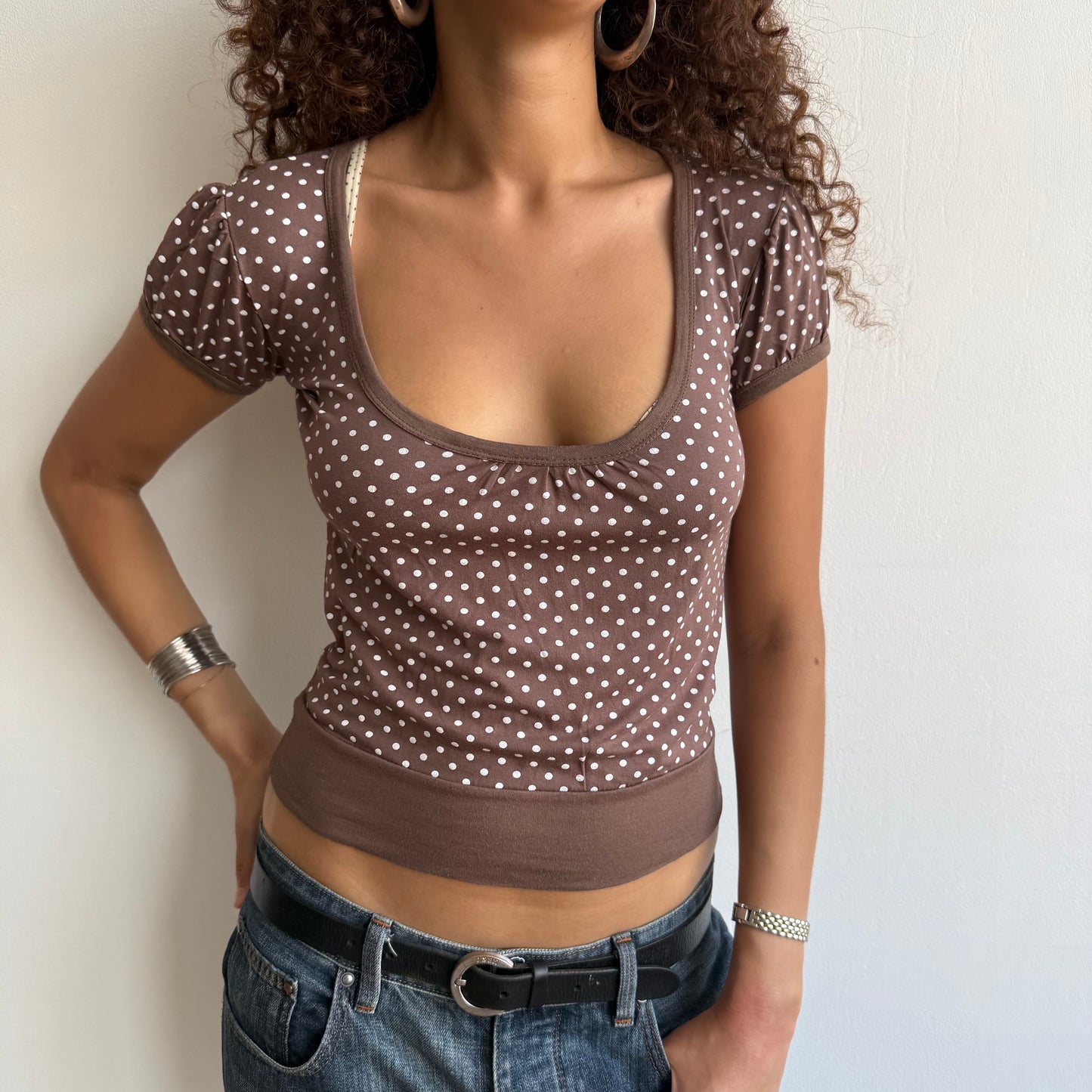 Brown polka dot keyhole top - Size S