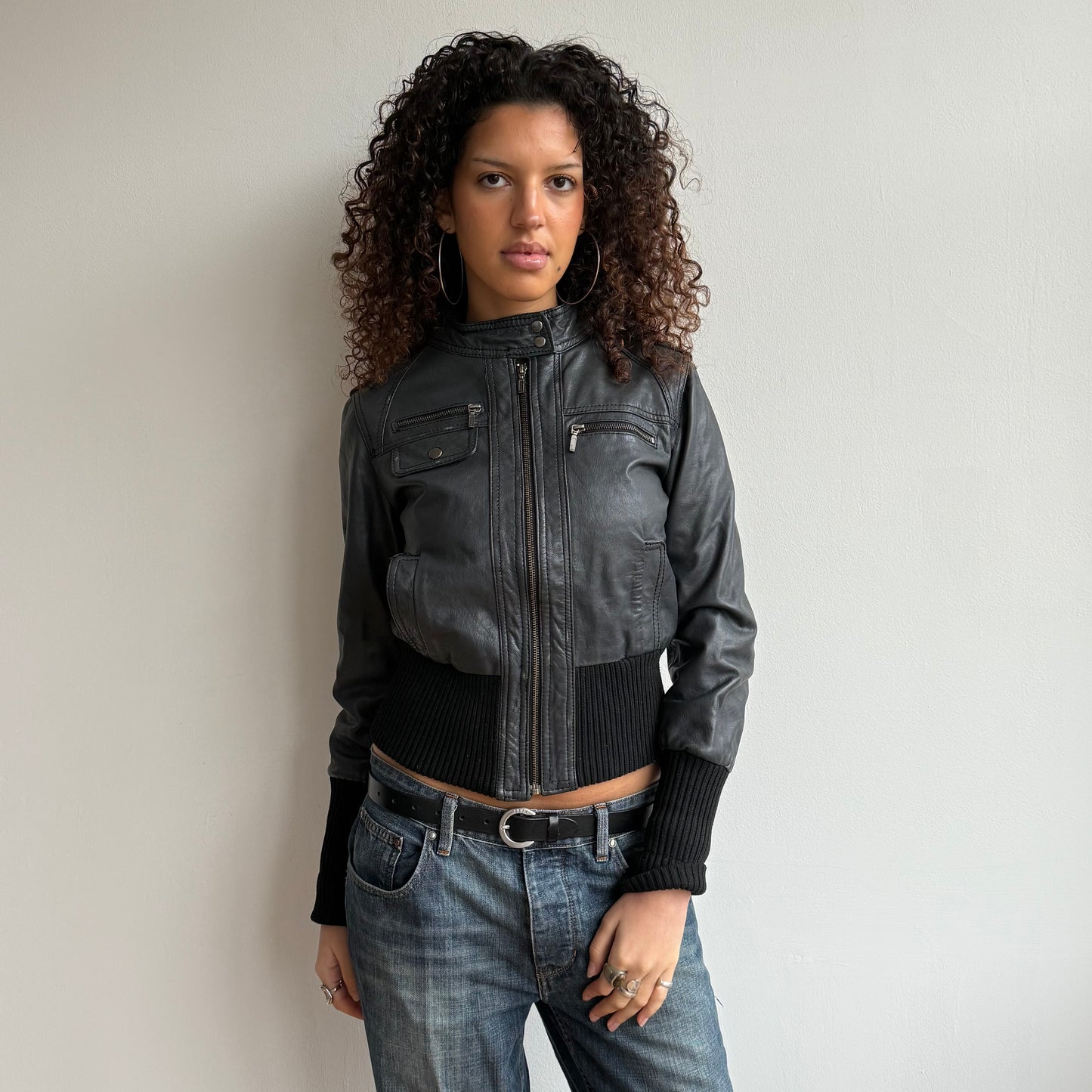 Charcoal leather bomber jacket - Size S/M