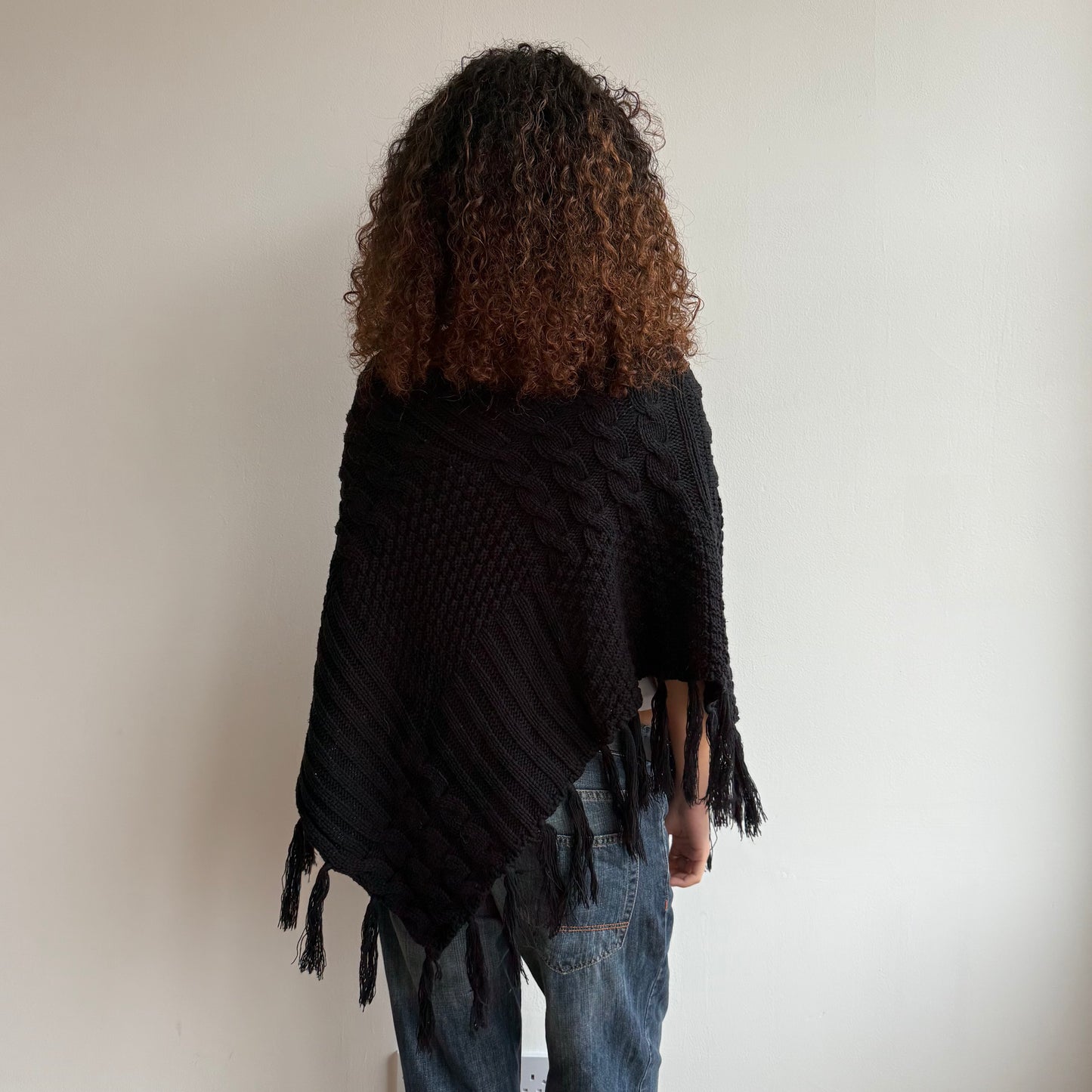 Black chunky knit tassel poncho - One Size