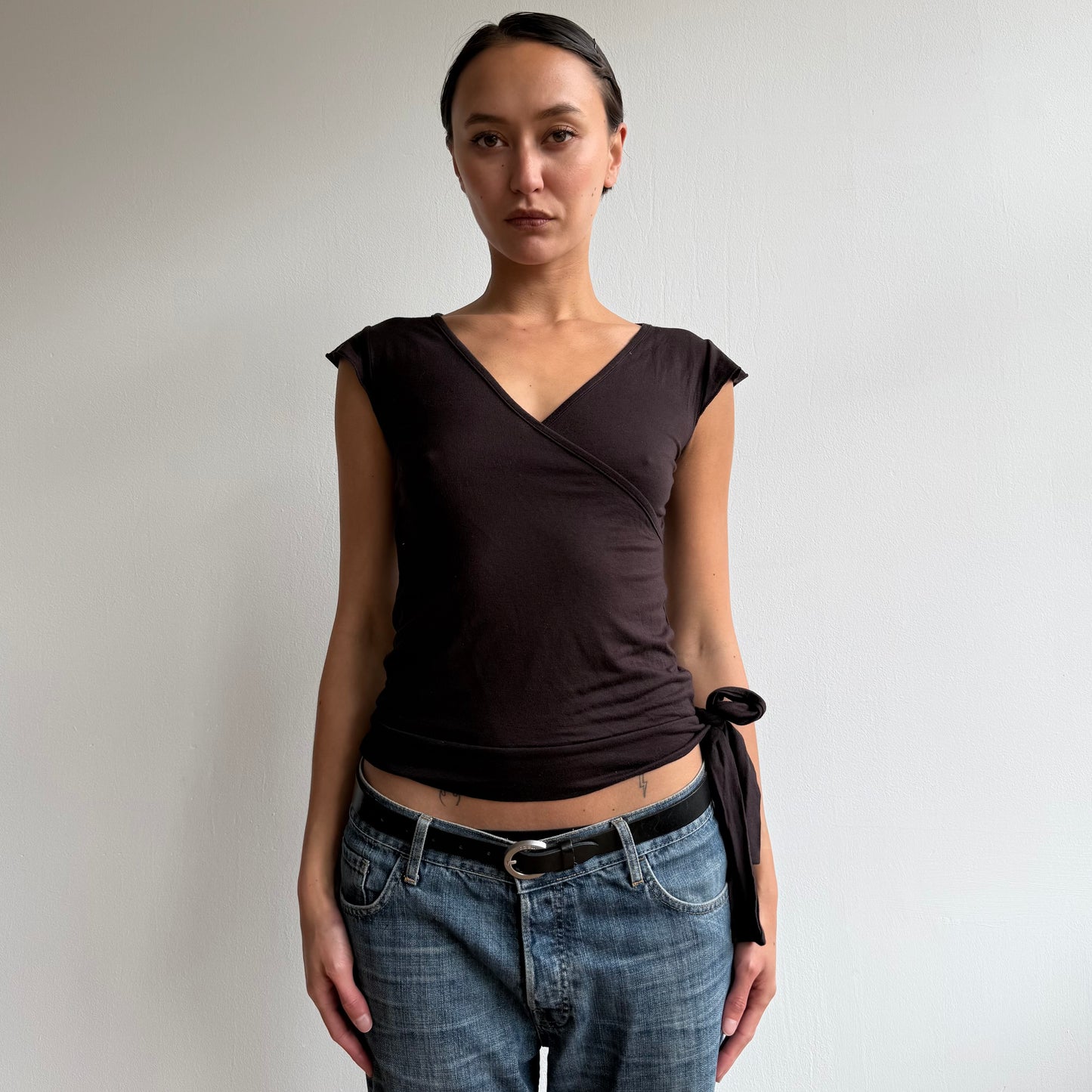 Brown tie side wrap top - Size S